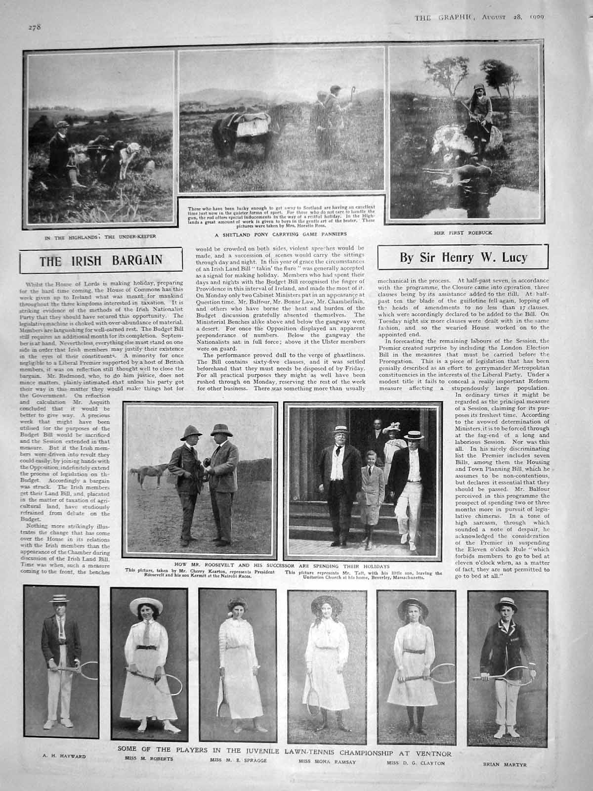 Original Old Antique Print 1909 Shetland Pony Scotland Roosevelt Tennis Spragge