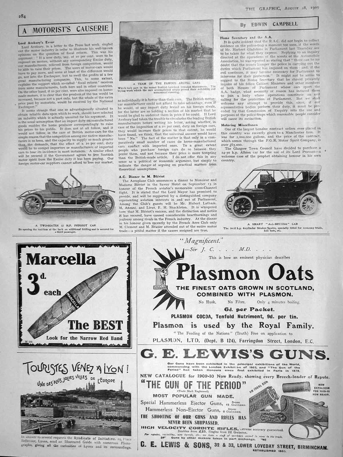 Original Old Antique Print 1909 Argyll Motor Cars Peugeot Straker-Squire Lyons