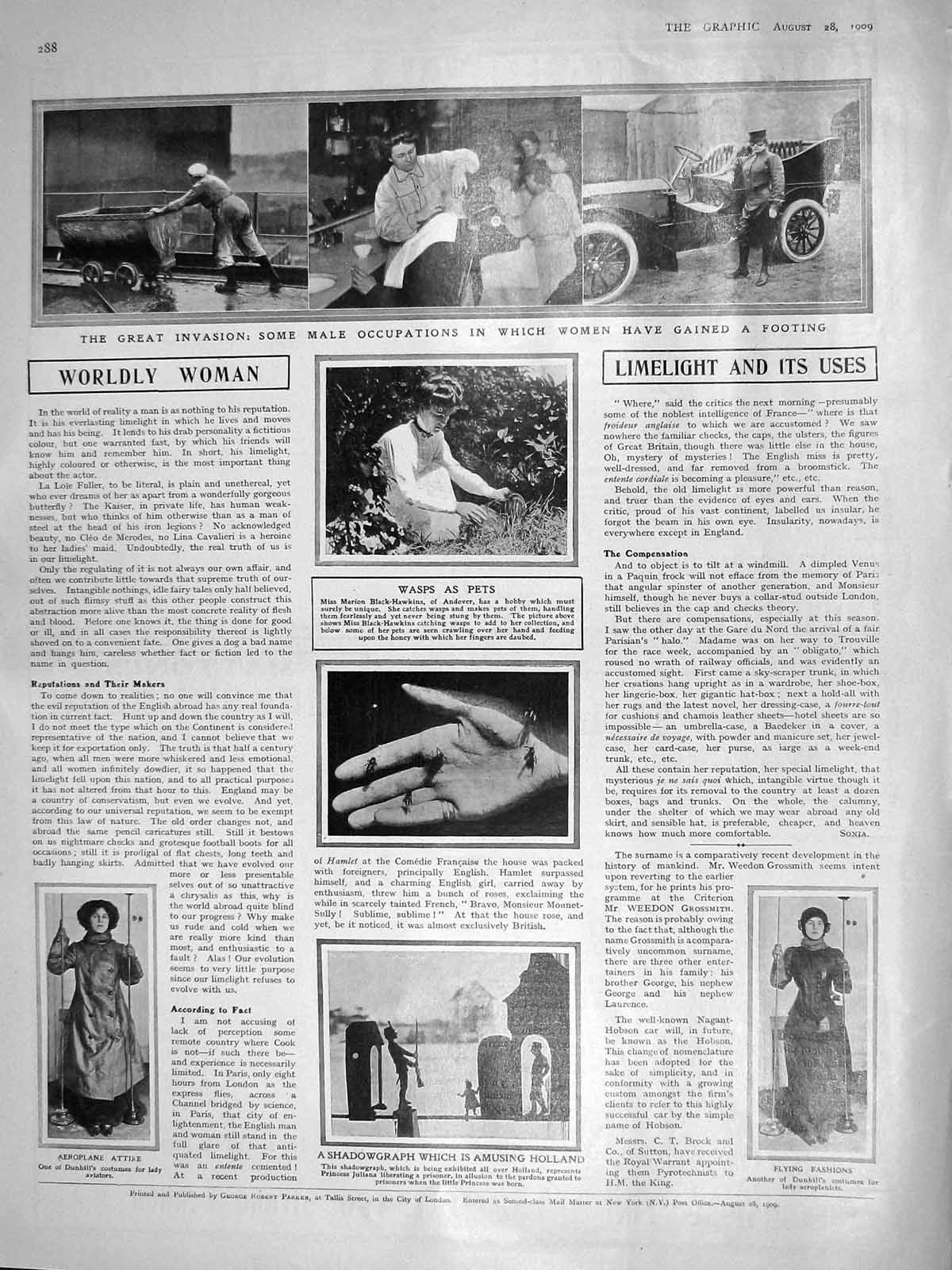 Original Old Antique Print 1909 Women Work Wasps Black-Hawkins Shadowgraph 20th