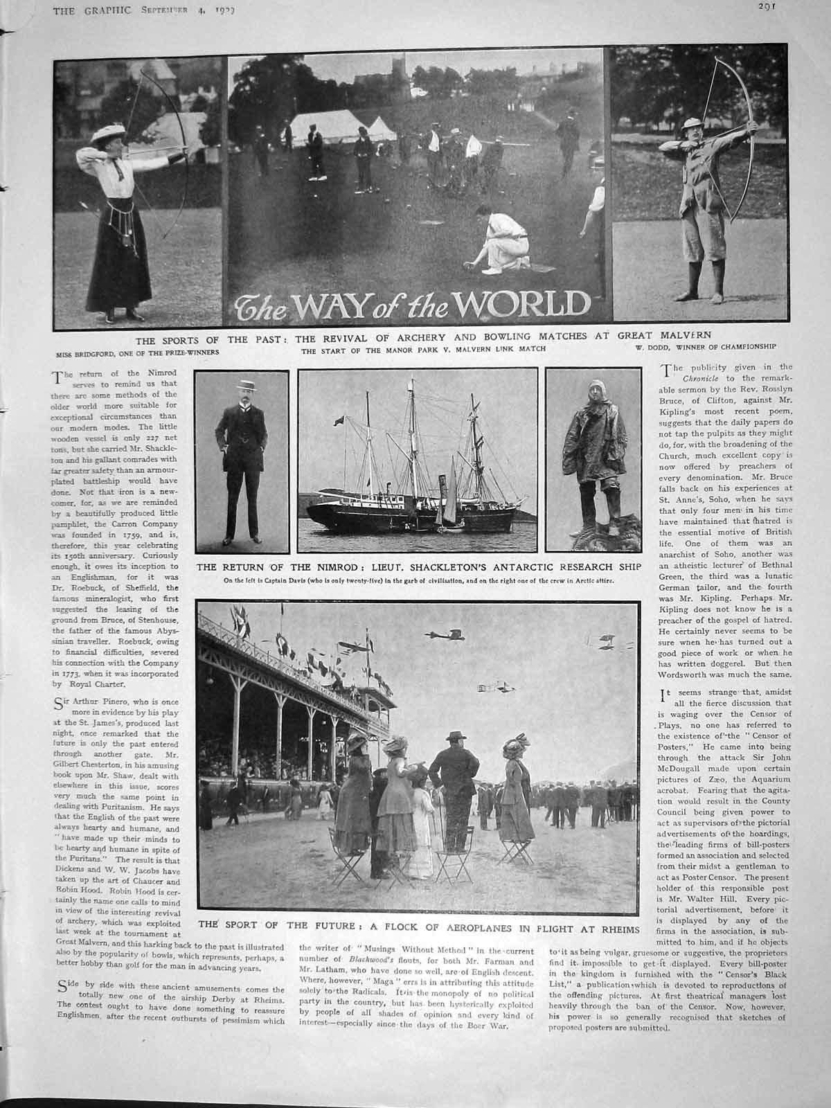 Original Old Antique Print 1909 Archery Bowling Sport Dodd Shackleton Aeroplane
