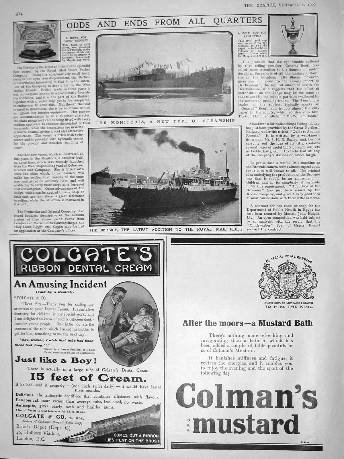 Old Antique Print 1909 Monitoria Steam Ship Berbice Argentina Cup Worsley 20th
