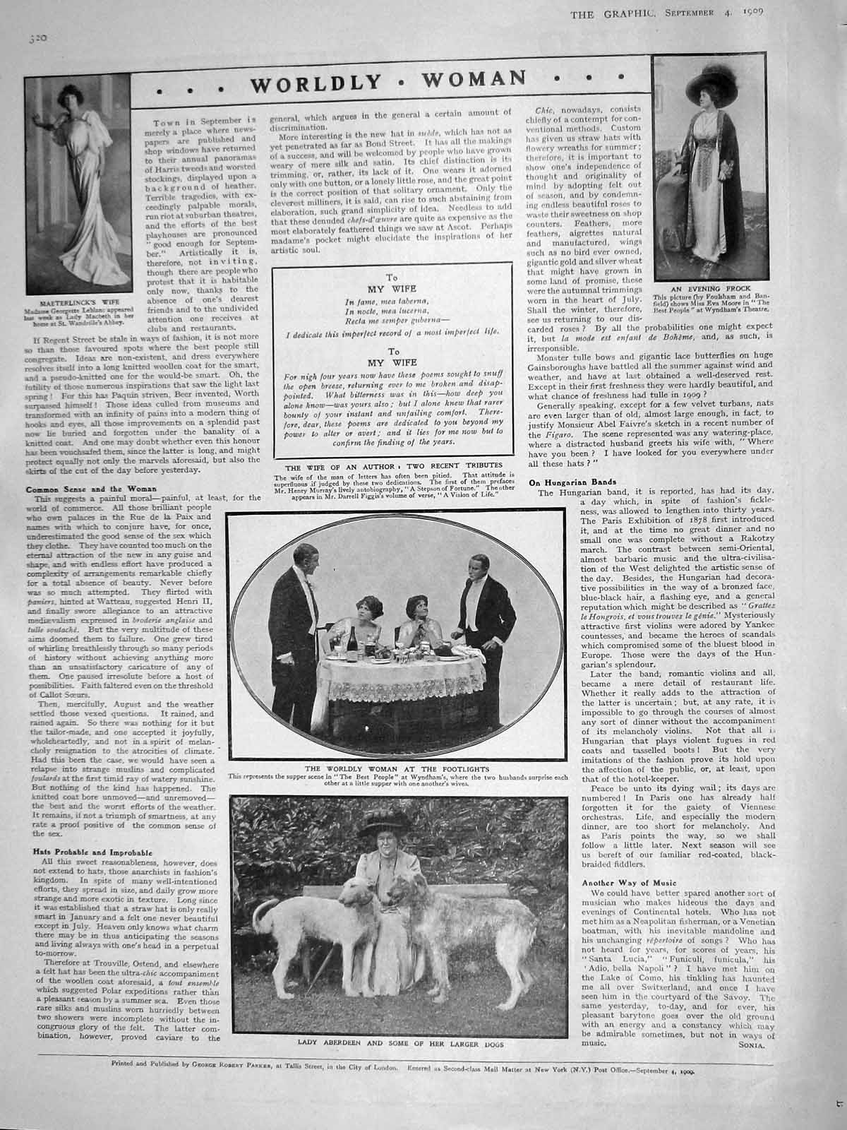 Old Antique Print 1909 Madame Leblanc Eva Moore Theatre Lady Aberdeen Dog 20th