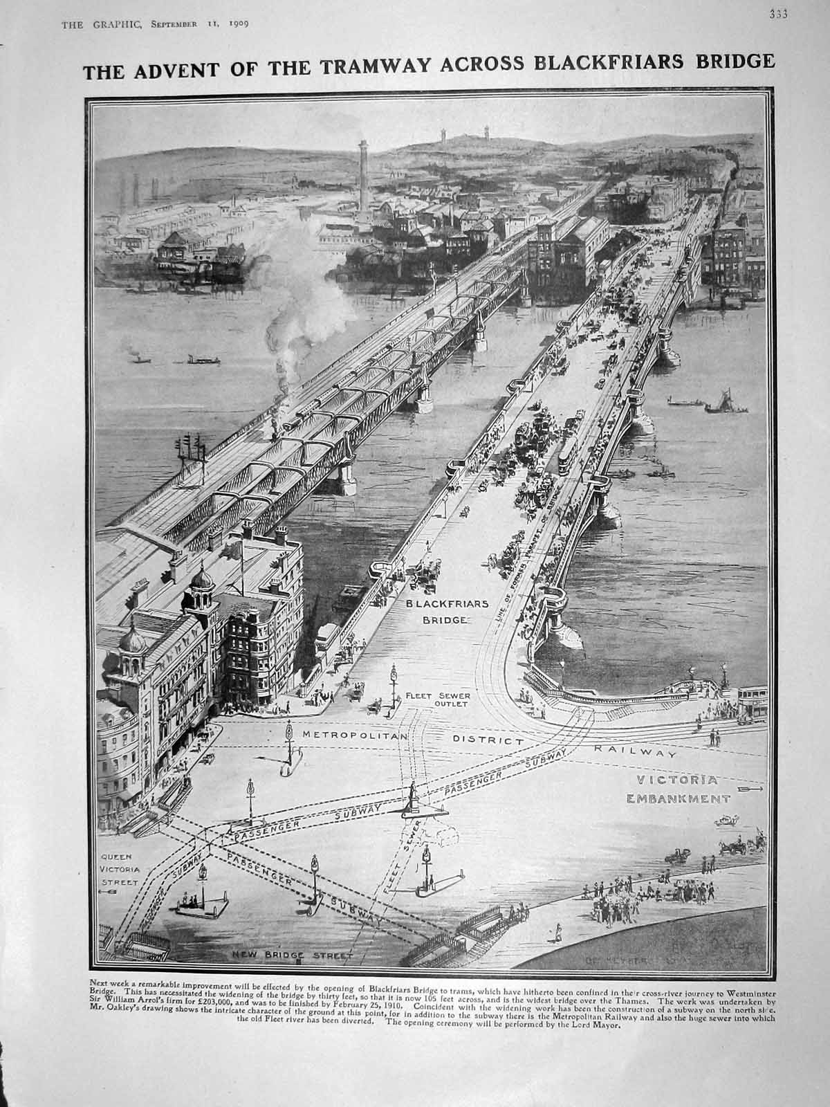 Original Old Antique Print 1909 Tramway Blackfriars Bridge Theatre Miller Lang