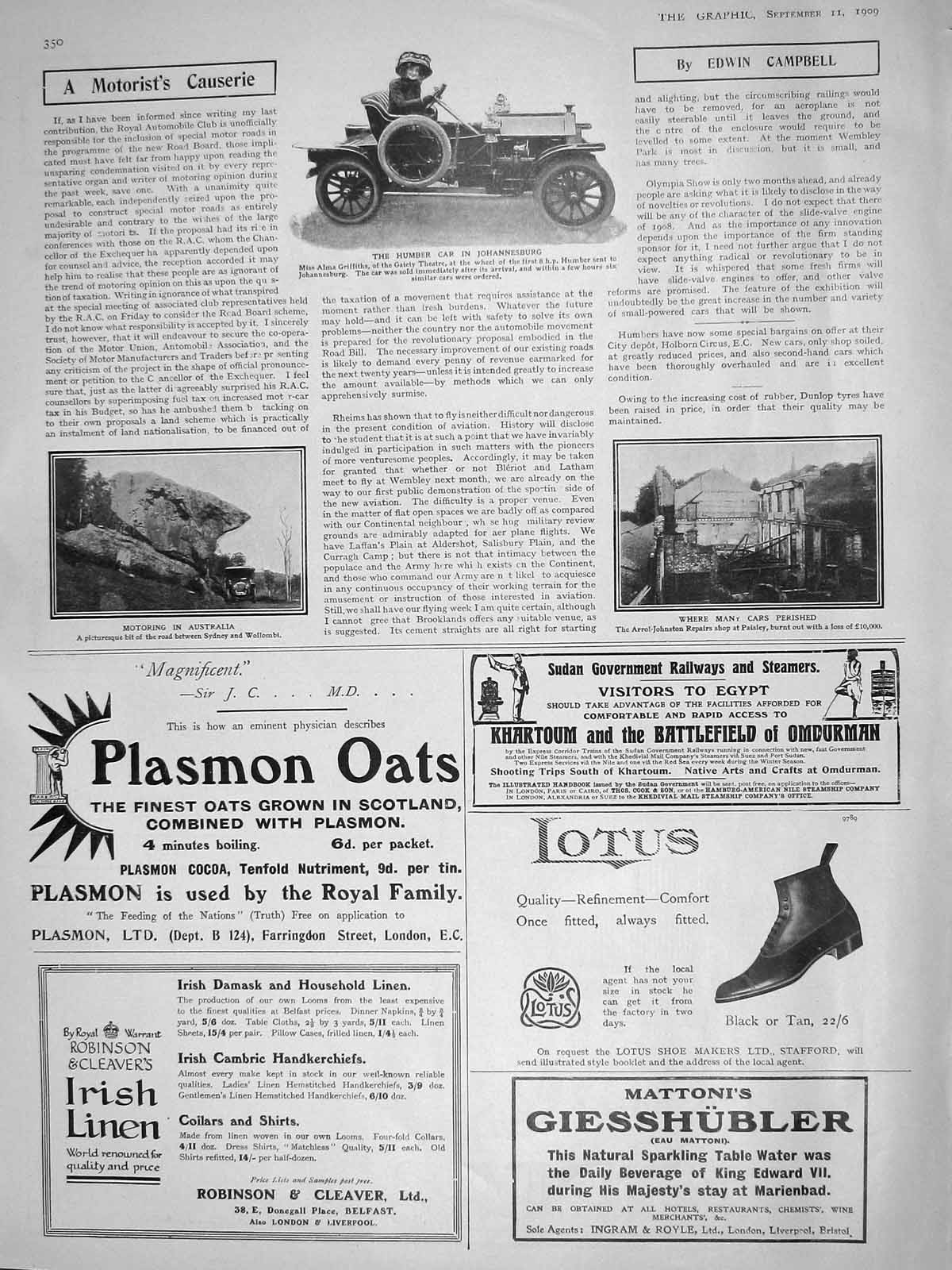 Original Old Antique Print 1909 Humber Car Griffiths Africa Australia Beechams