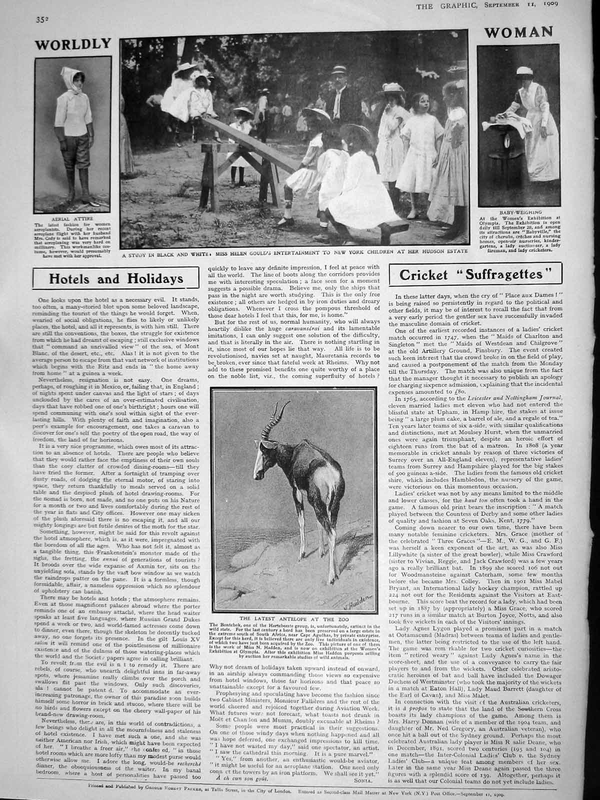 Original Old Antique Print 1909 Helen Gould Aerial Attire Women Nurse Bontebok
