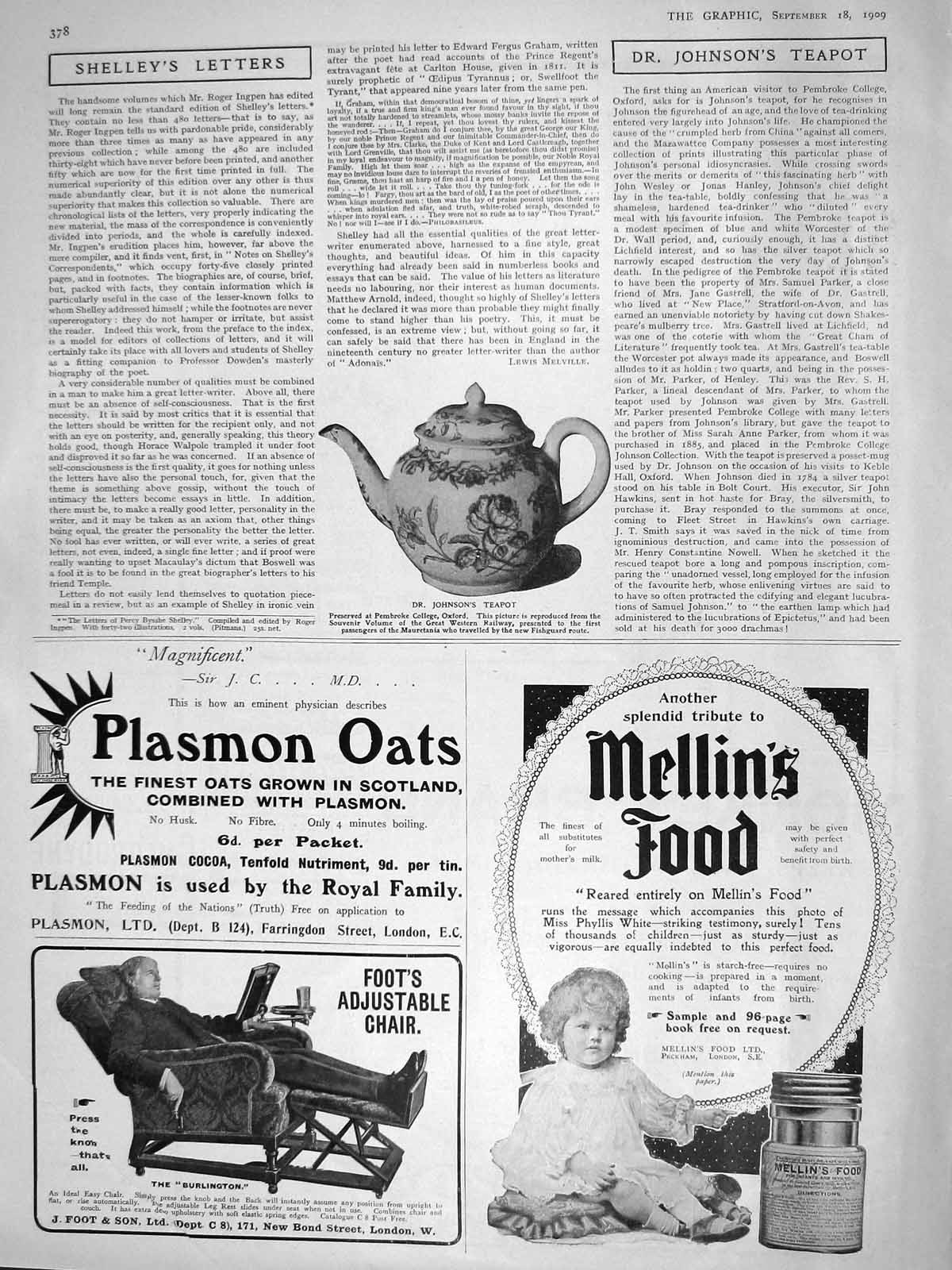 Old Antique Print 1909 Dr. Johnson Teapot Pembroke Mellins Food Plasmon 20th