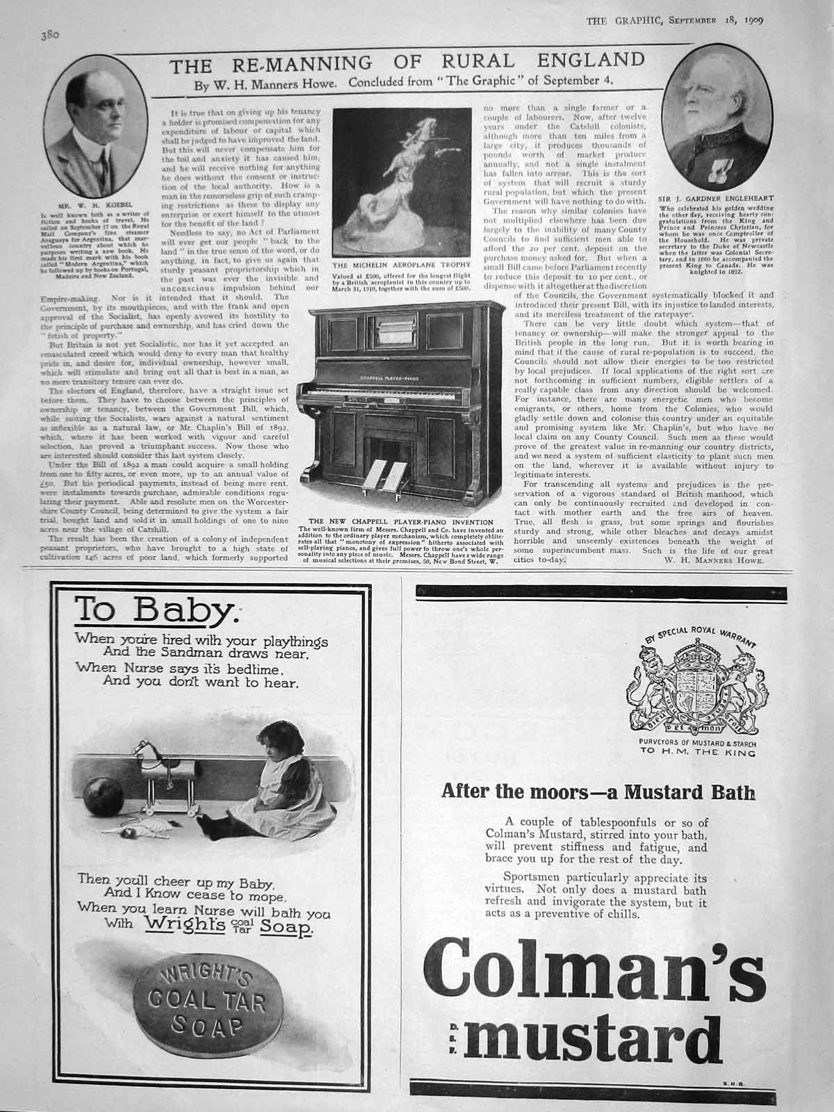 Old Antique Print 1909 Koebel Engleheart Chappell Player Piano Aeroplane 20th