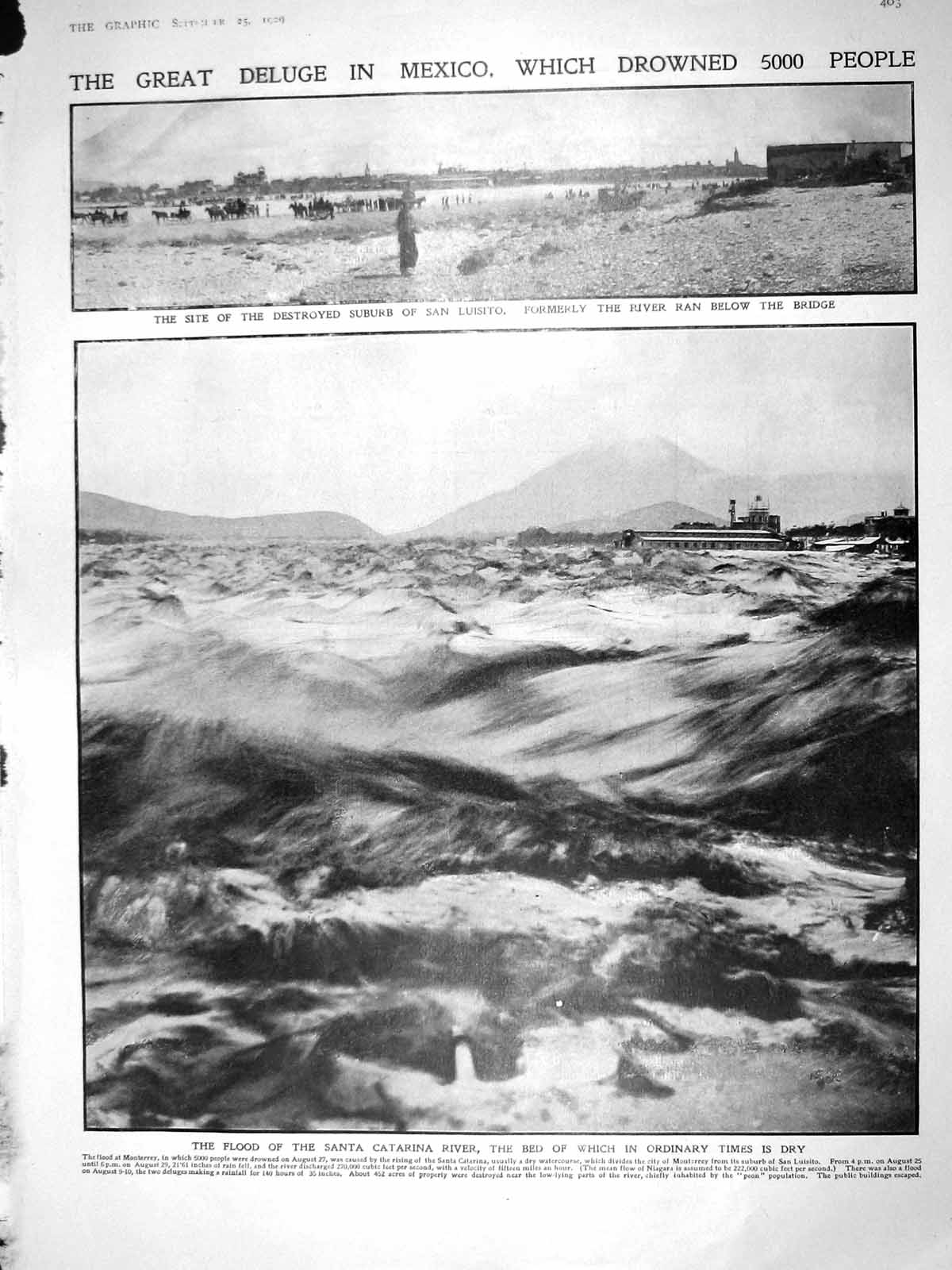 Original Old Antique Print 1909 Floods Mexico San Luisito Santa Catarina River