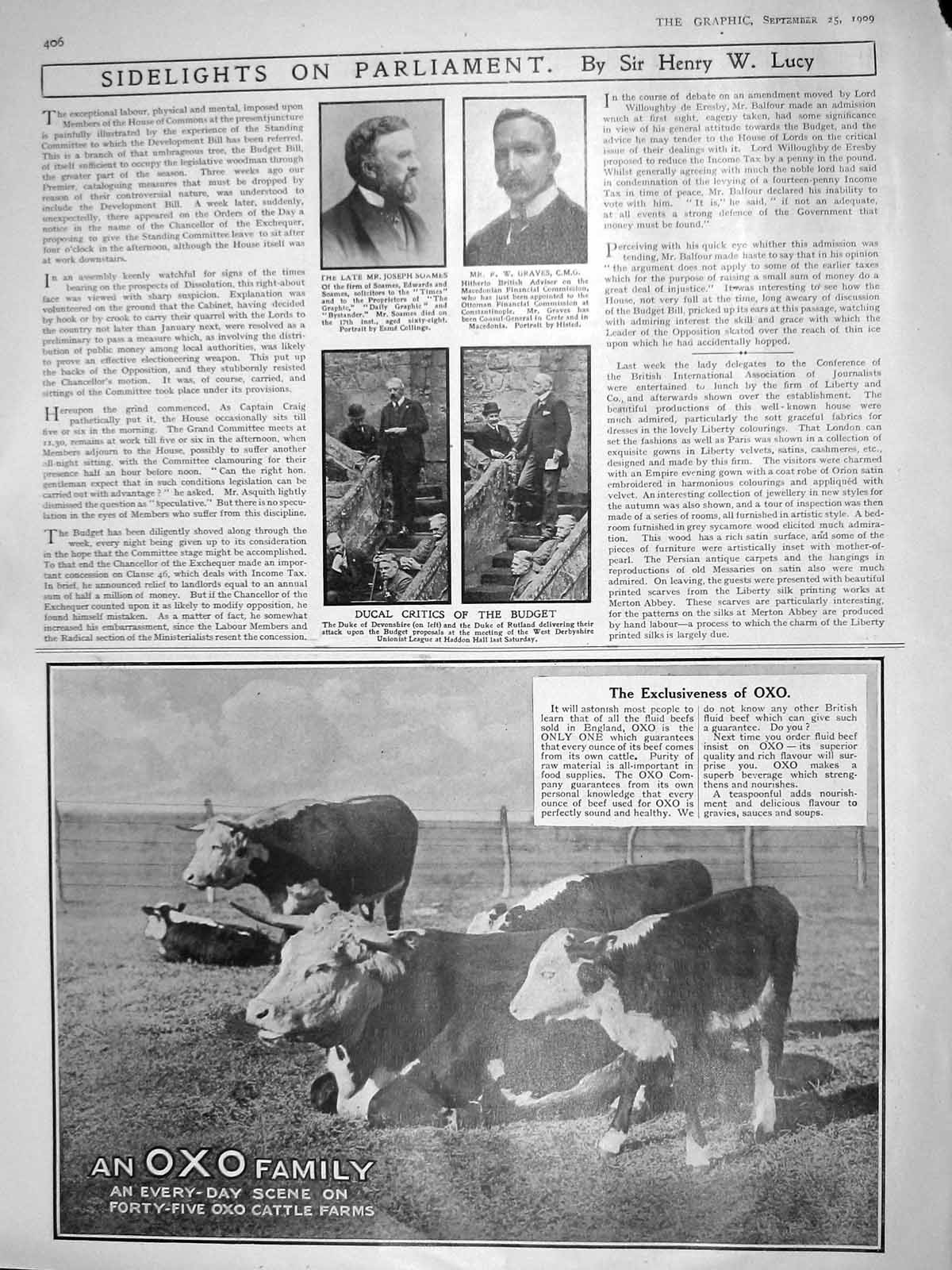 Original Old Antique Print 1909 Soames Graves Parliament Duke Devonshire Oxo