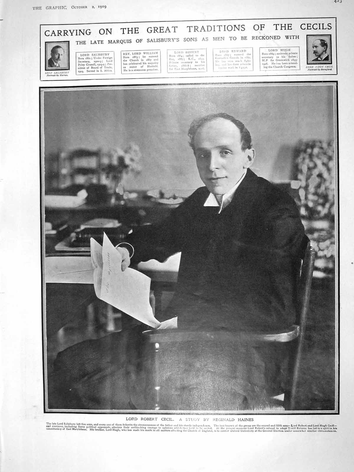 Original Old Antique Print 1909 Lord Robert Cecil Photo Framce Mantelpiece 20th