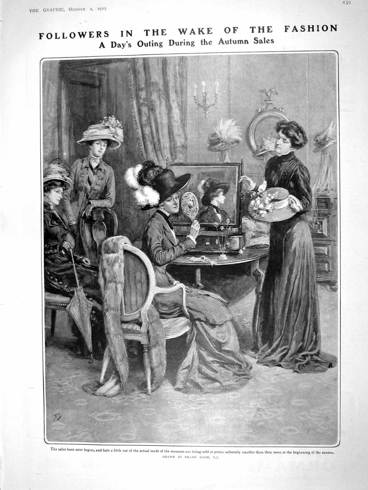 Original Old Antique Print 1909 Ladies Fashion Autumn Sale Hats Frank Dadd 20th