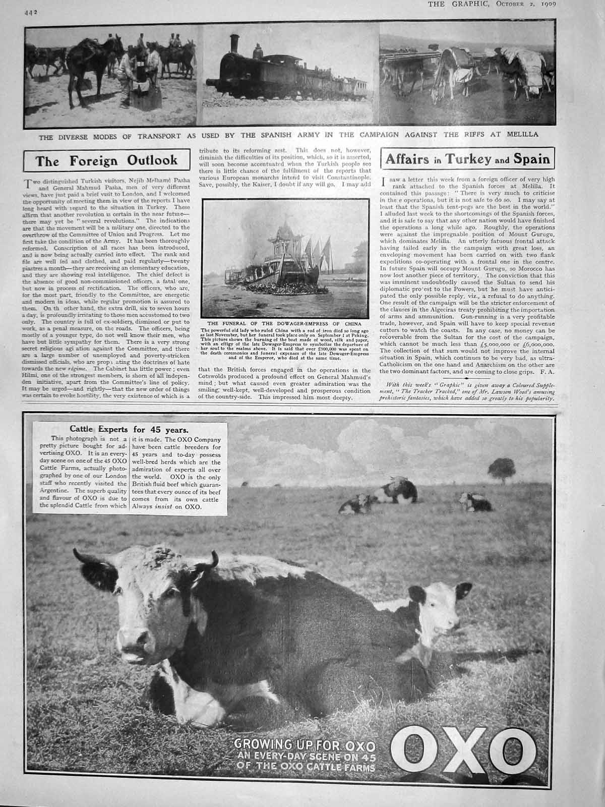 Old Antique Print 1909 Transport Spanish Army Melilla Riffs Funeral China 20th