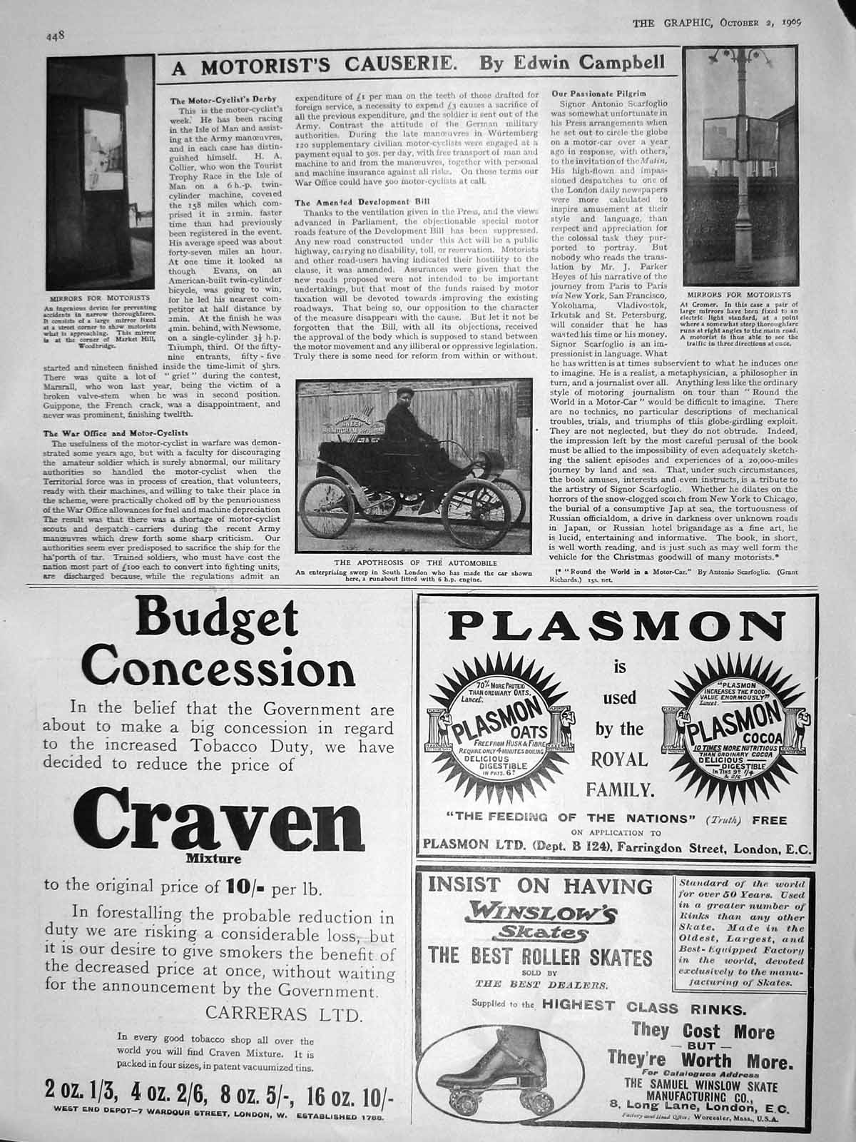 Original Old Antique Print 1909 Cromer Mirror Motor Car Craven Plasmon Cocoa