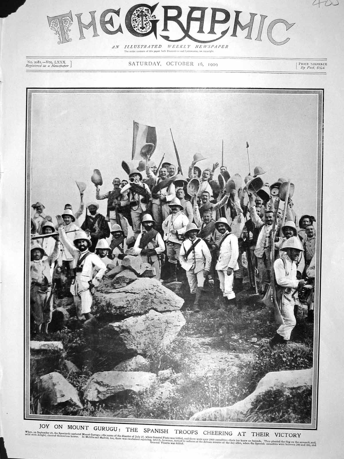 Original Old Antique Print 1909 Mount Gurugu Spanish Troops Pinto War Siers