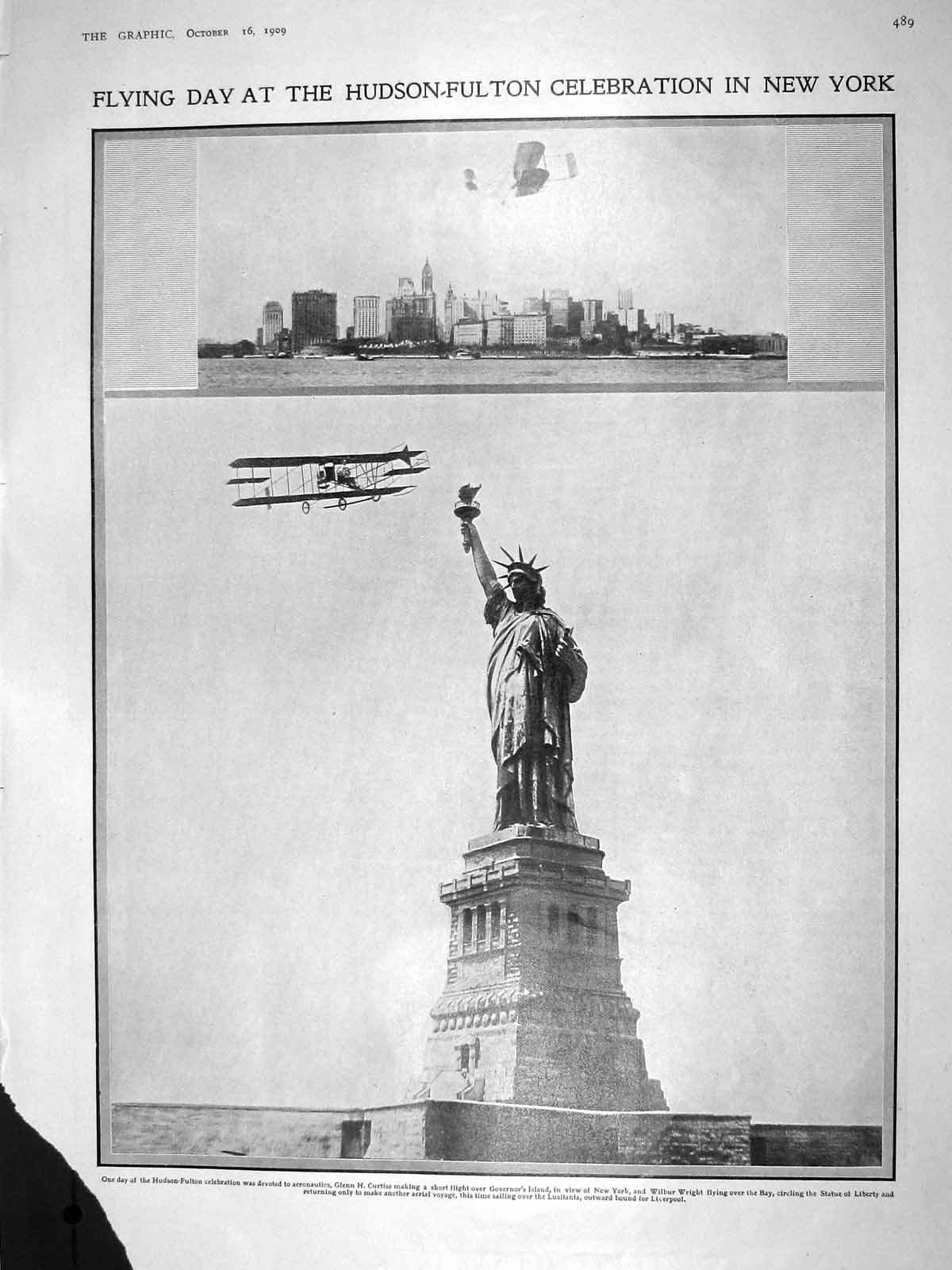 Original Old Antique Print 1909 Hudson-Fulton Aeroplane New York Pearson Dover