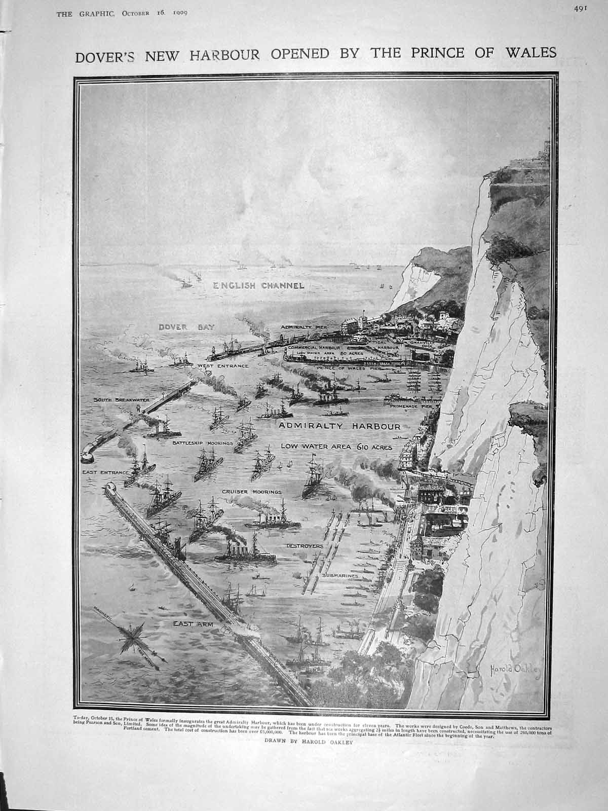 Original Old Antique Print 1909 Dover Admiralty Harbour Ships Karakorum Rome