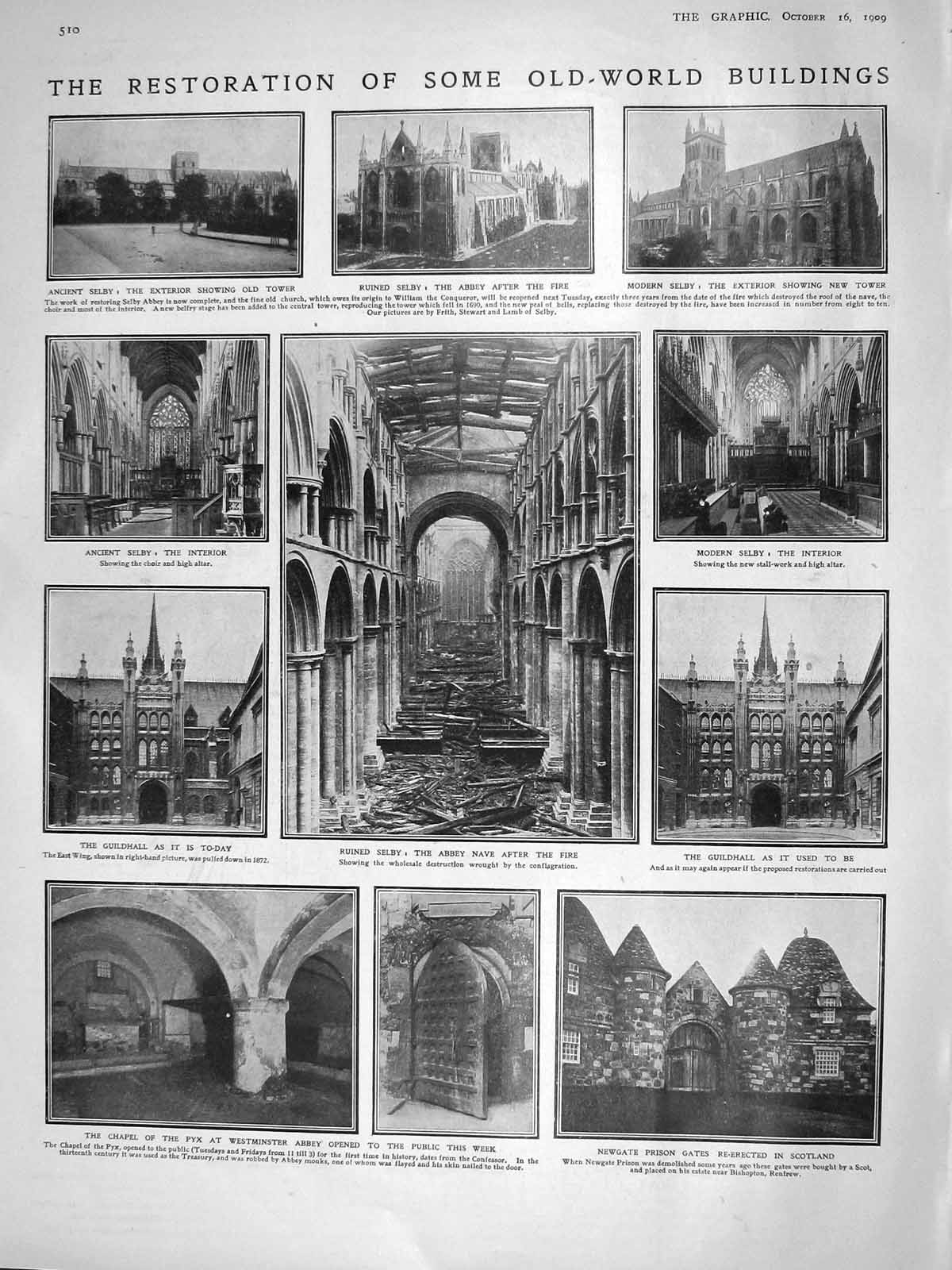 Original Old Antique Print 1909 Selby Abbey Westminster Guildhall Labouchere