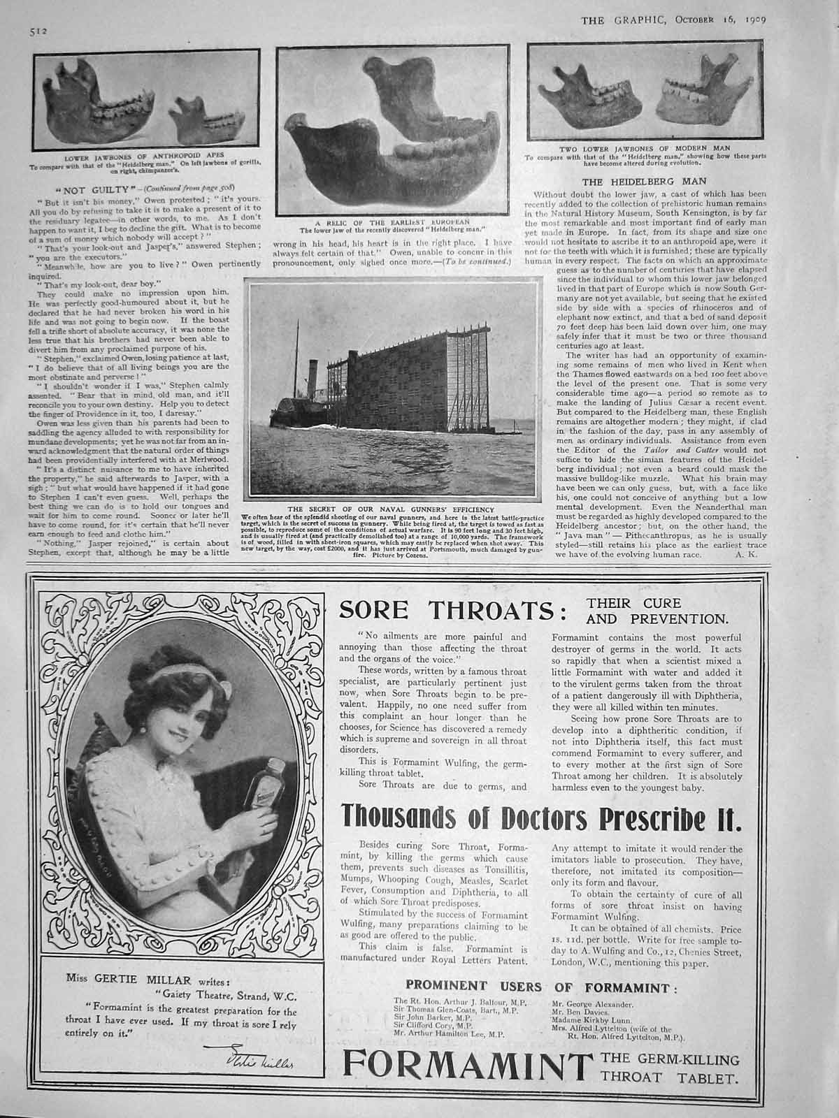 Old Antique Print 1909 Navy Battle Practice Target Archaeology Jawbones 20th