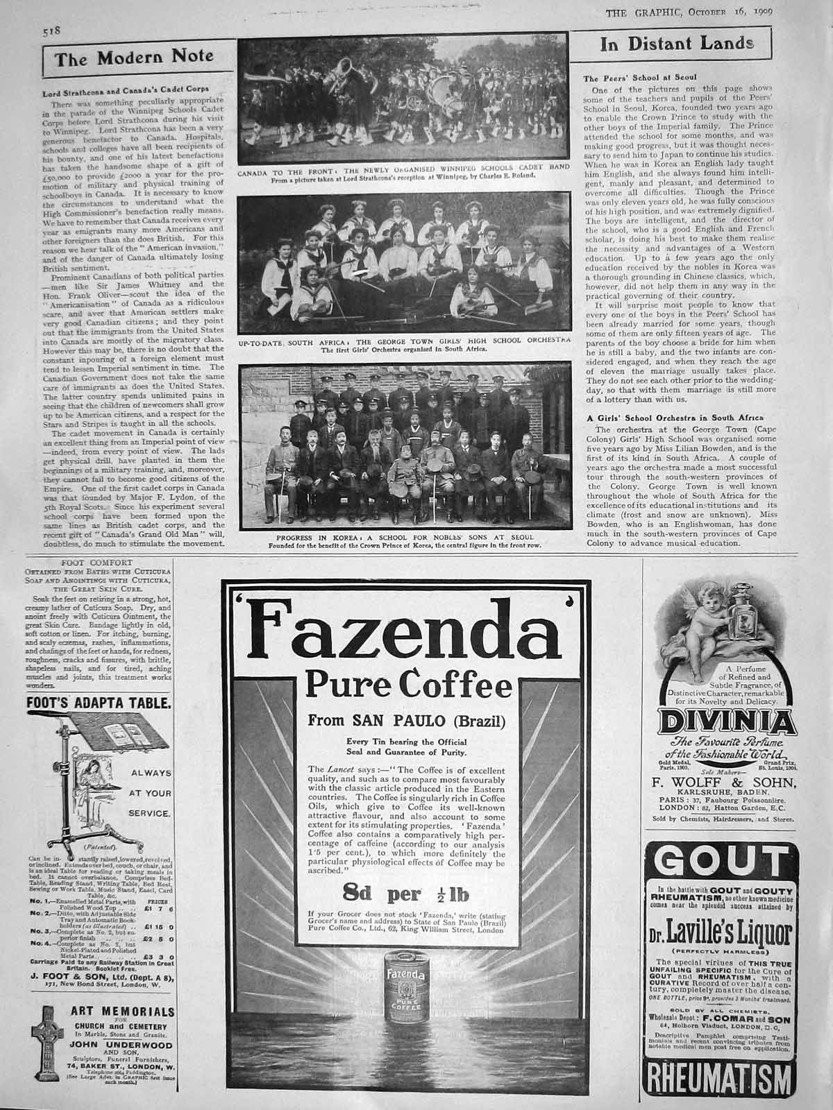 Original Old Antique Print 1909 Canada Winnipeg Cadet Band Africa Korea School