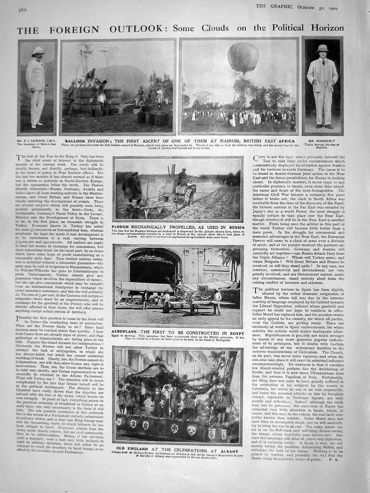 Old Antique Print 1909 Jackson Roosevelt Plough Aeroplane Ship Tredegar 20th