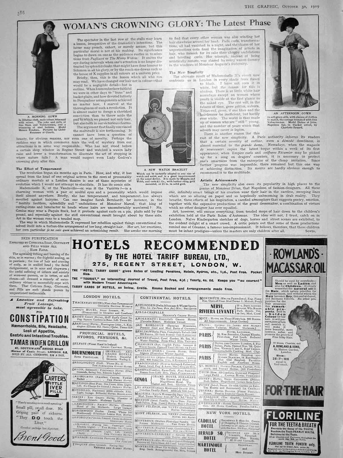 Old Antique Print 1909 Morning Gown Ladies Fashion Watch Bracelet Hotel 20th