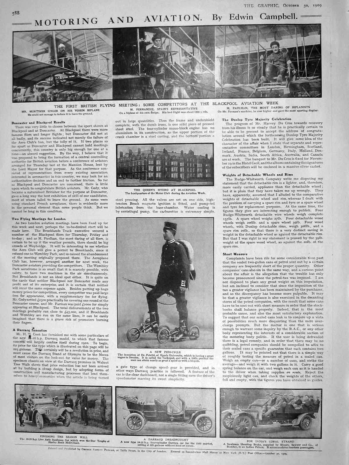Old Antique Print 1909 Mortimer Biplane Fernandez Paulhan Motor Car Hydro 20th