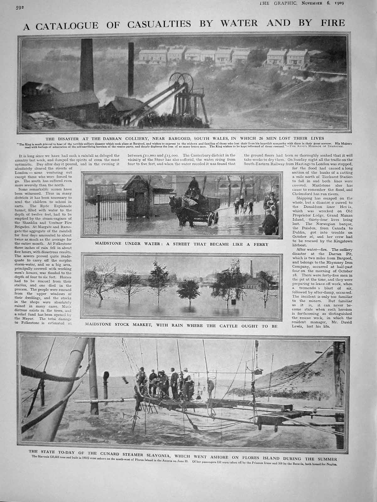 Original Old Antique Print 1909 Darran Colliery Maidstone Slavonia Ship Paulhan