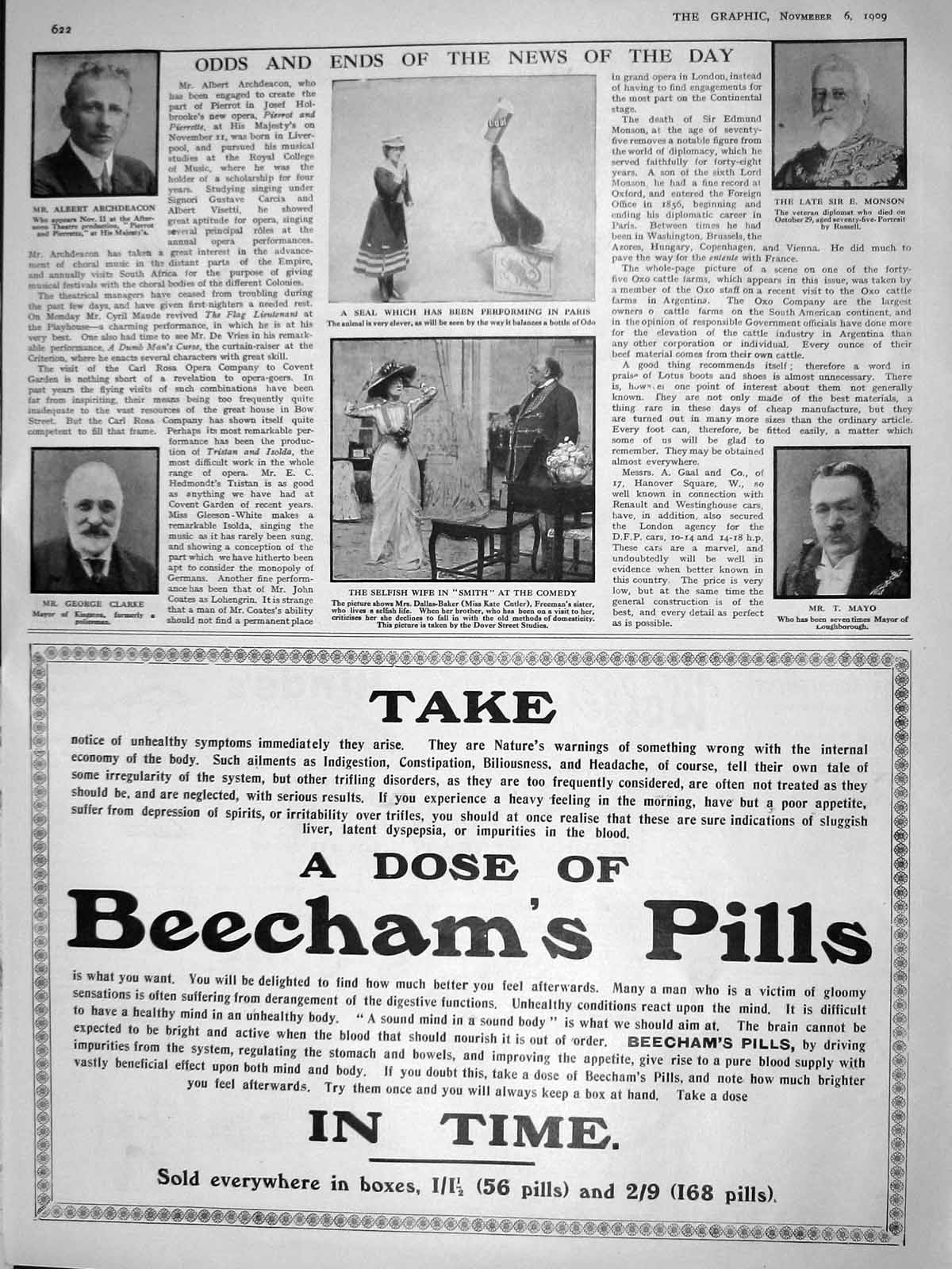 Original Old Antique Print 1909 Archdeacon Clarke Mayo Monson Performing Seal
