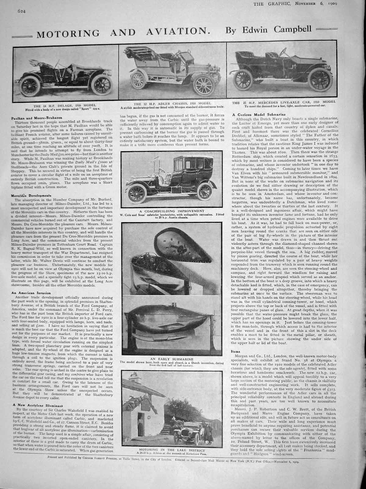 Original Old Antique Print 1909 Motor Car Delage Adler Mercedes Dutch Submarine