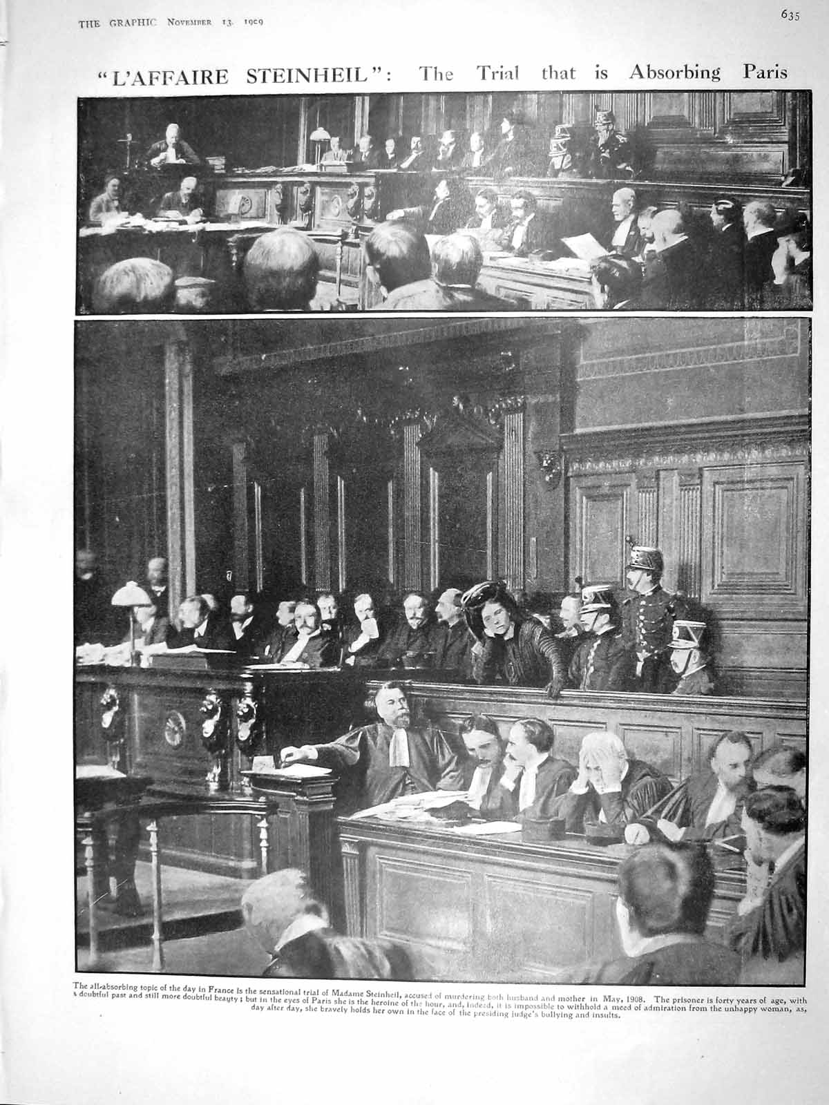 Old Antique Print 1909 Trial Court Madame Steinheil King Solomon Temple 20th