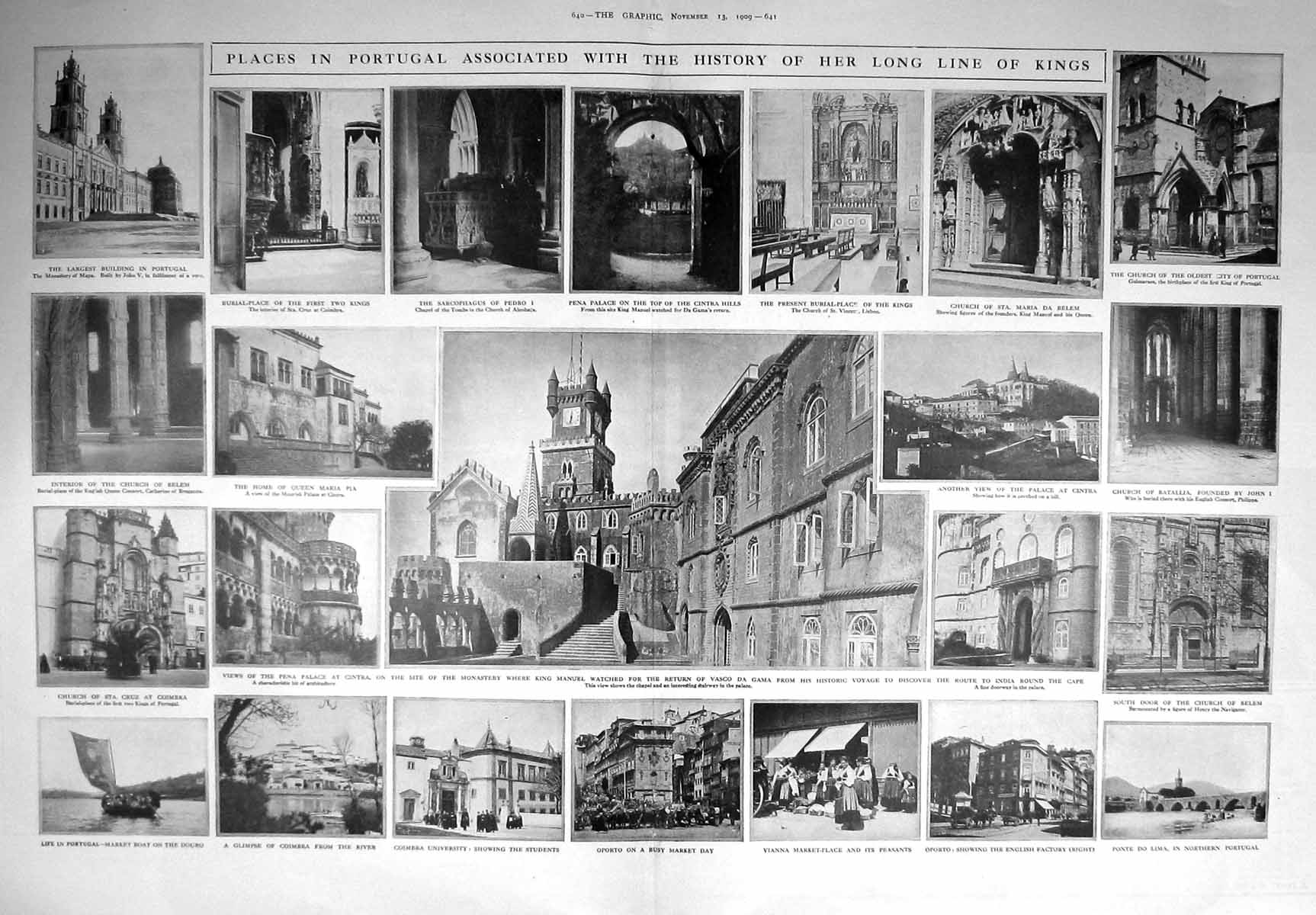 Original Old Antique Print 1909 Portugal Palace Cintra Monastery Church Belem