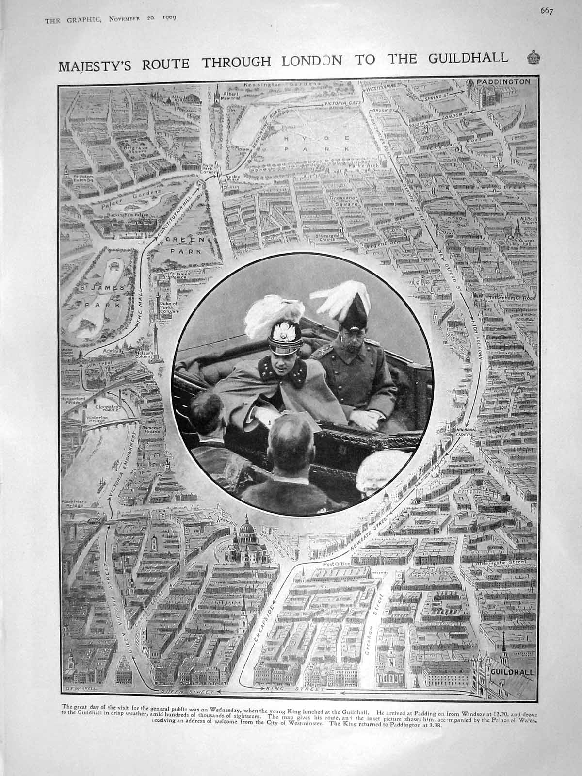 Original Old Antique Print 1909 King Map London Guildhall Cstream Guards Houses