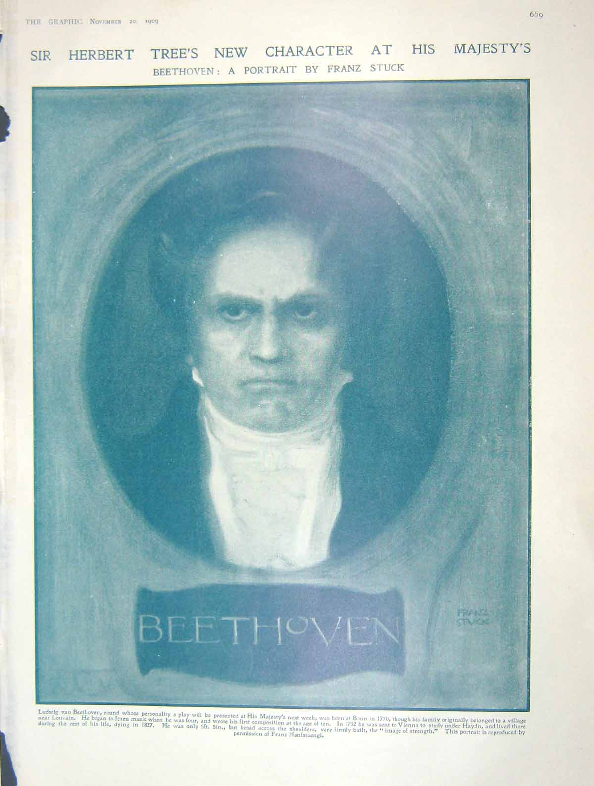 Original Old Antique Print 1909 Herbert Tree Beethoven Theatre Falle Shackleton
