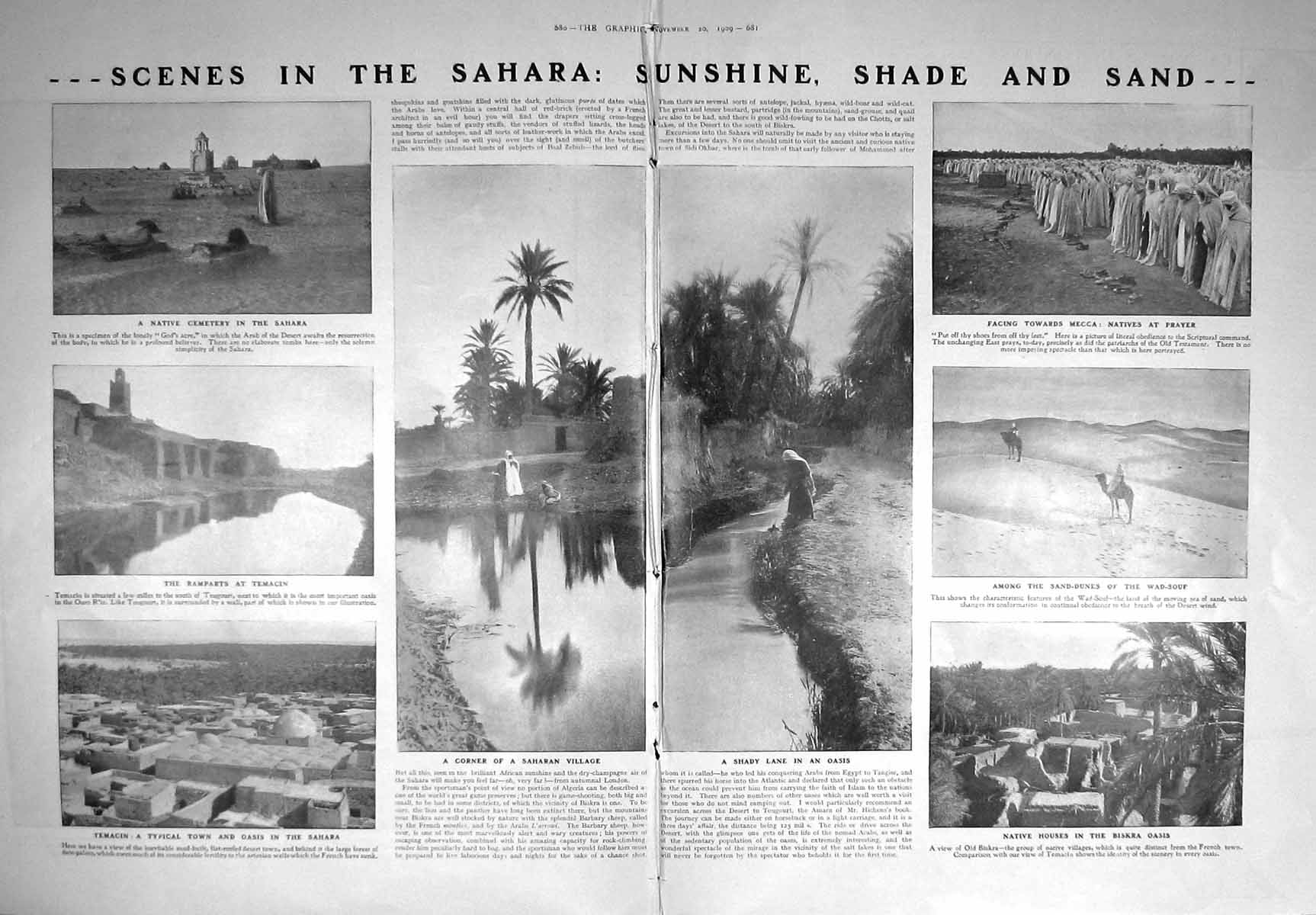 Old Antique Print 1909 Sahara Village Oasis Biskra Mecca Prayer Temacin 20th