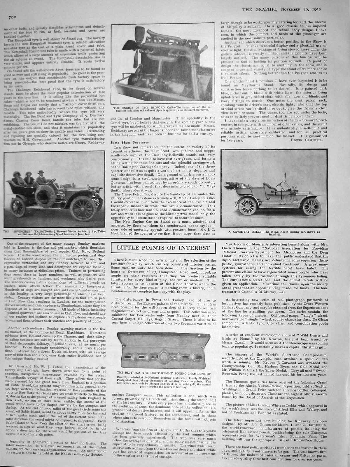Old Antique Print 1909 Engine Bedford Car Rover Talbot Vivian Boxing Belt 20th