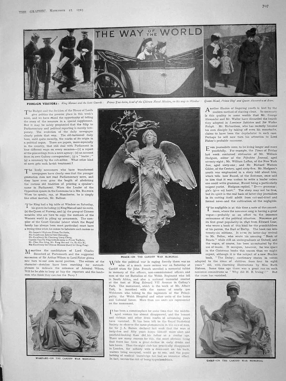 Old Antique Print 1909 Cardiff War Memorial King Manuel Lansdowne House 20th