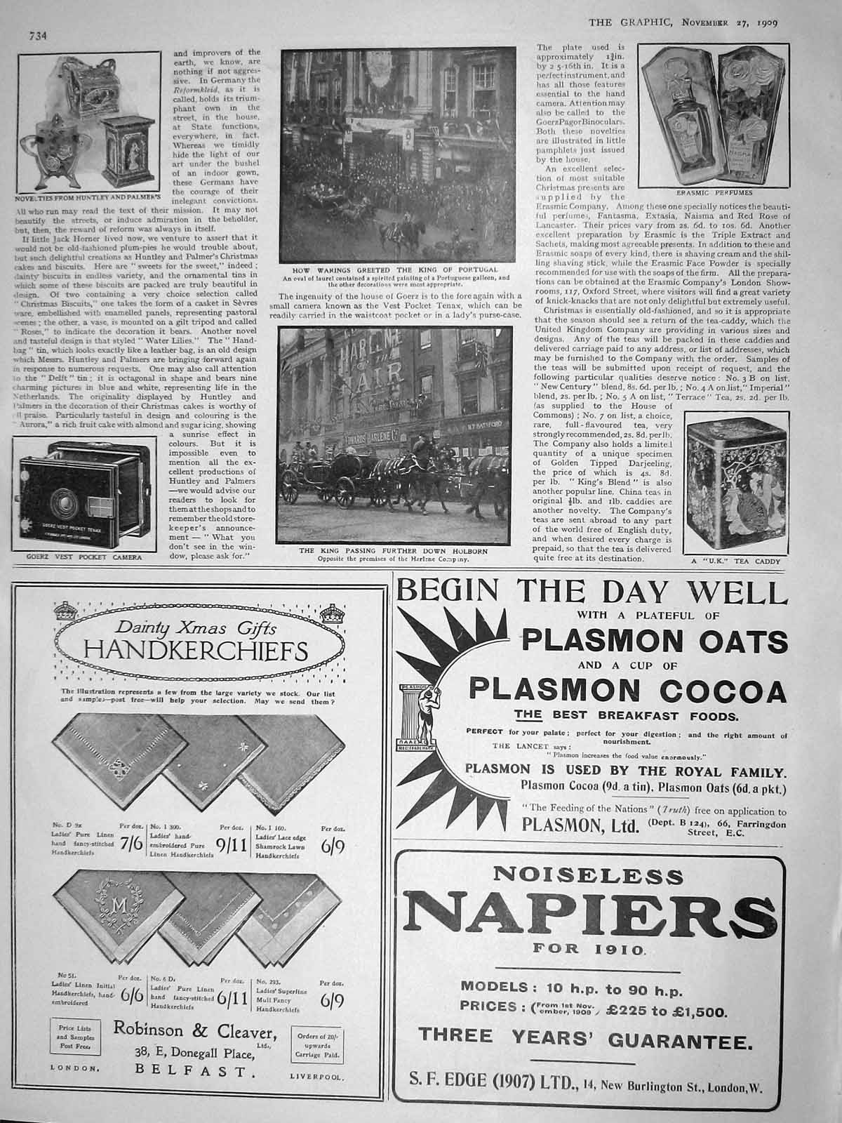 Original Old Antique Print 1909 Warings King Portugal Holborn Perfume Tea Caddy