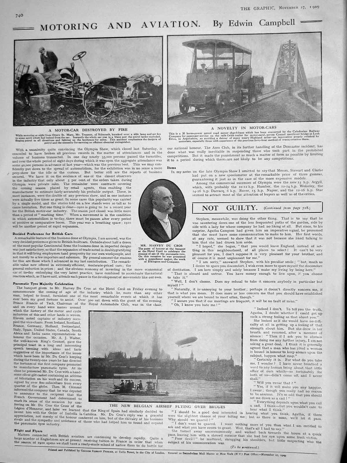 Old Antique Print 1909 Motor Car Caledonian Railway Harvey Cros Airship 20th