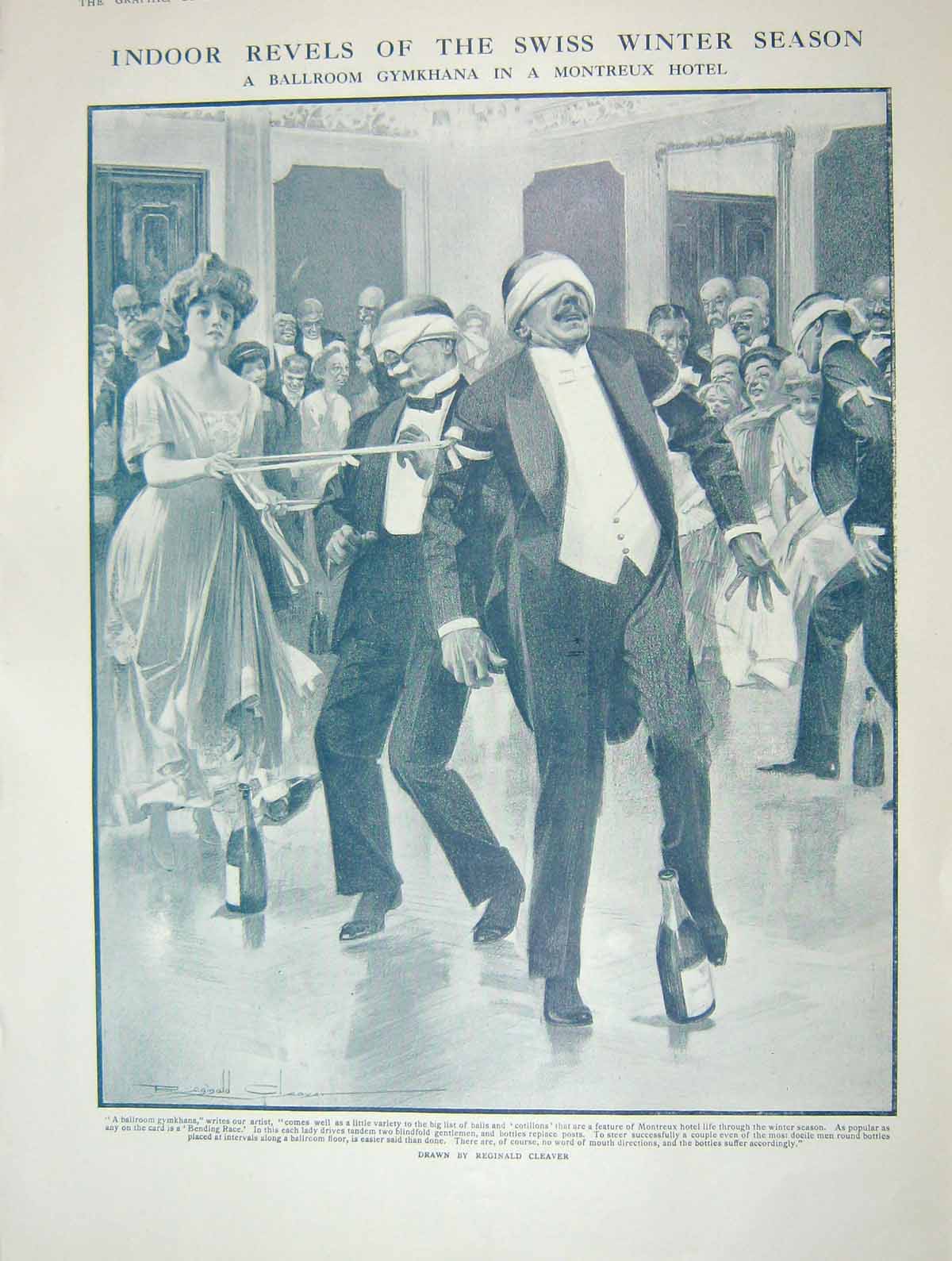 Original Old Antique Print 1909 Ballroom Gymkhana Montreux Hotel Dancing Game