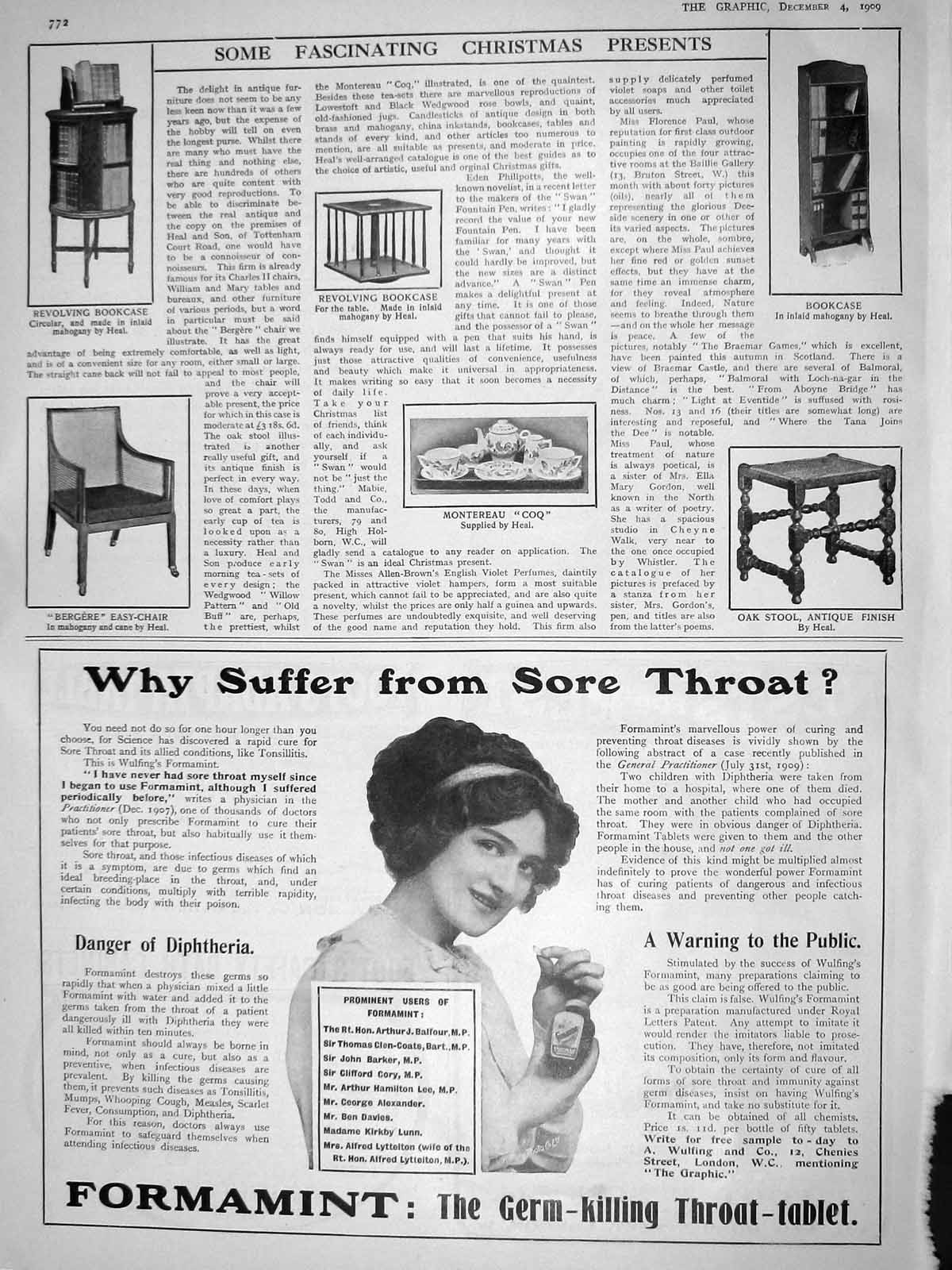 Original Old Antique Print 1909 Bookcase Montereau Oak Stool Bergere Easy-Chair