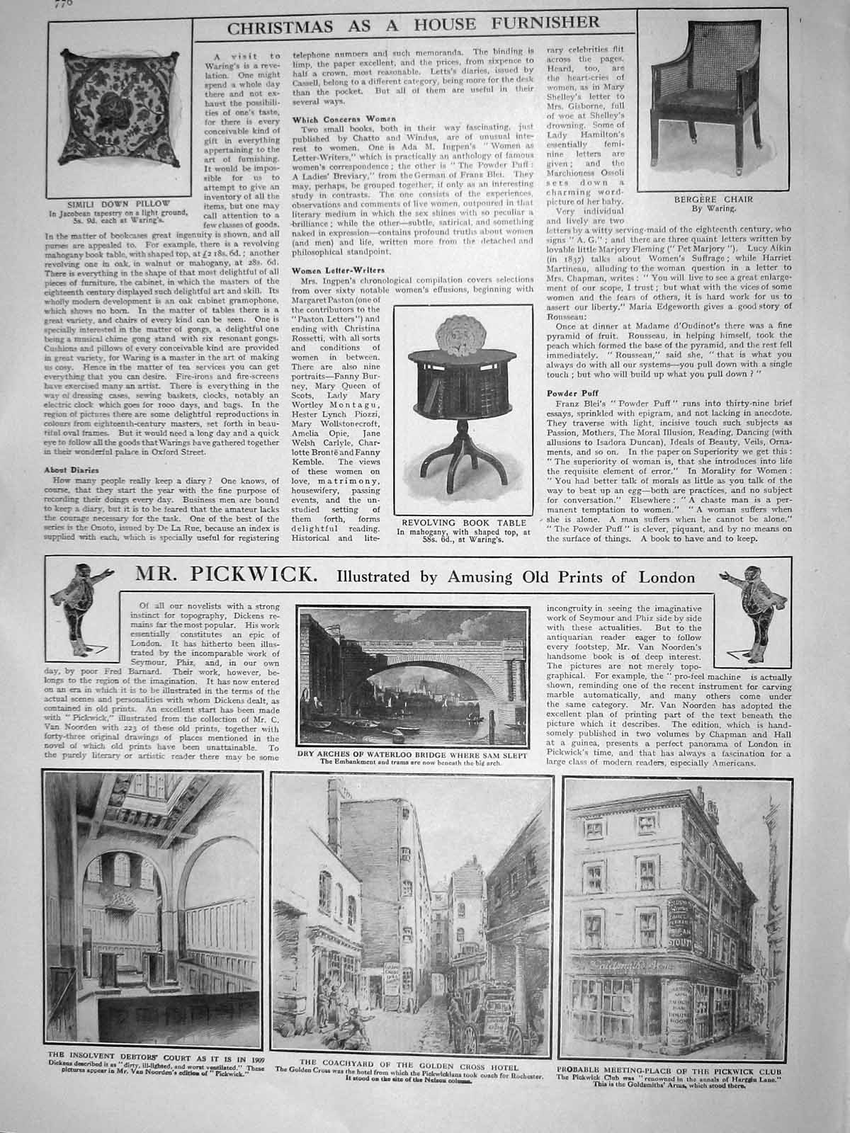 Original Old Antique Print 1909 Book Table Bergere Chair Simili Pillow Pickwick