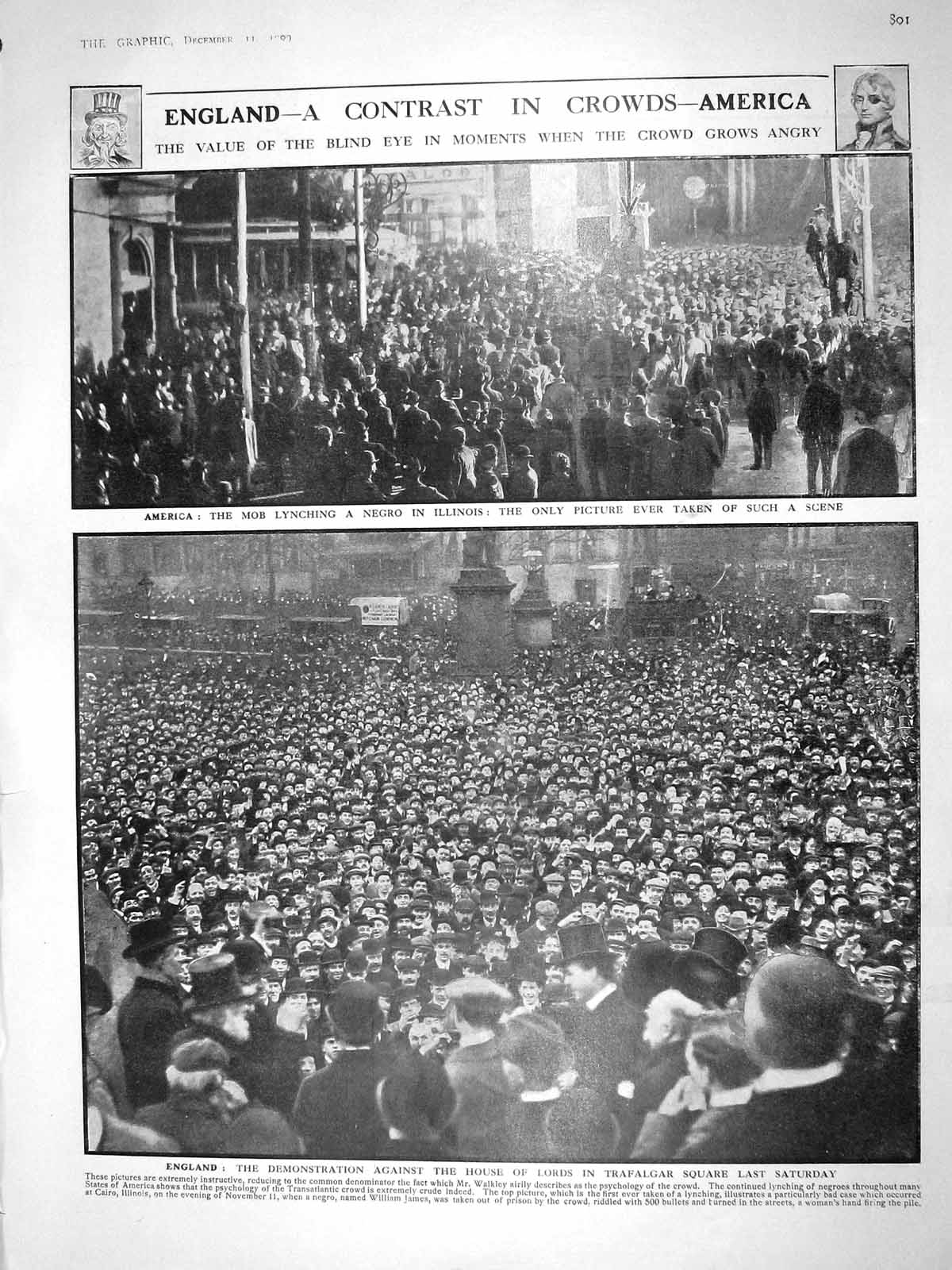 Original Old Antique Print 1909 America Mob Negro England Trafalgar Snow Train