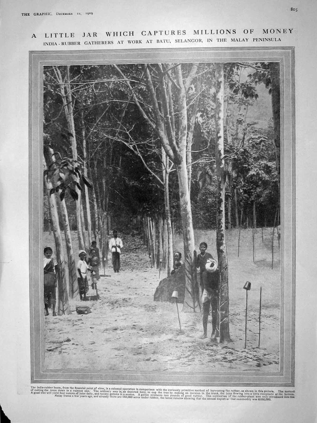 Old Antique Print 1909 India Rubber Gatherers Batu Malay Kipling Robinson 20th