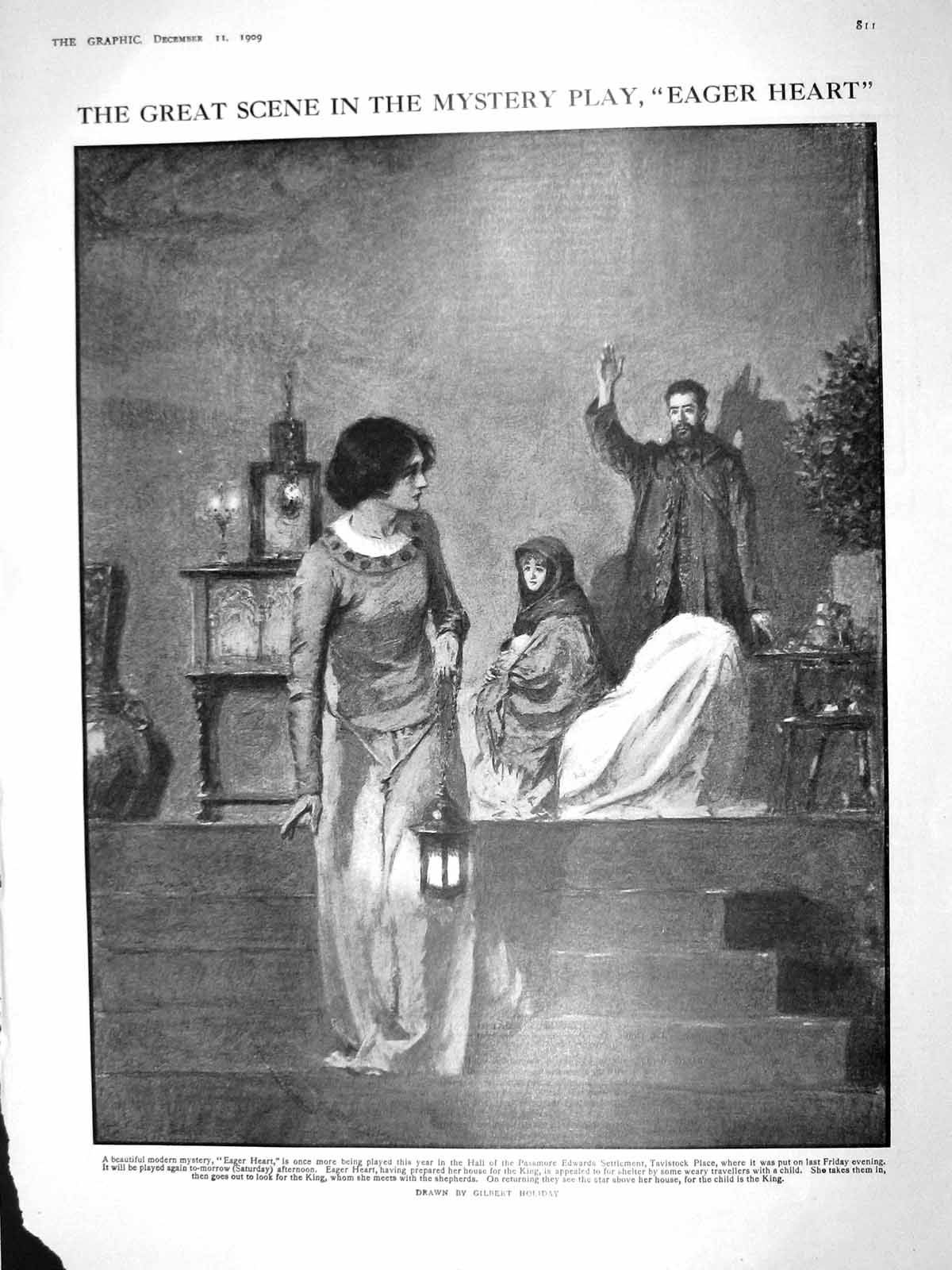 Old Antique Print 1909 Eager Heart Mystery Play Theatre Grouse Partridges 20th