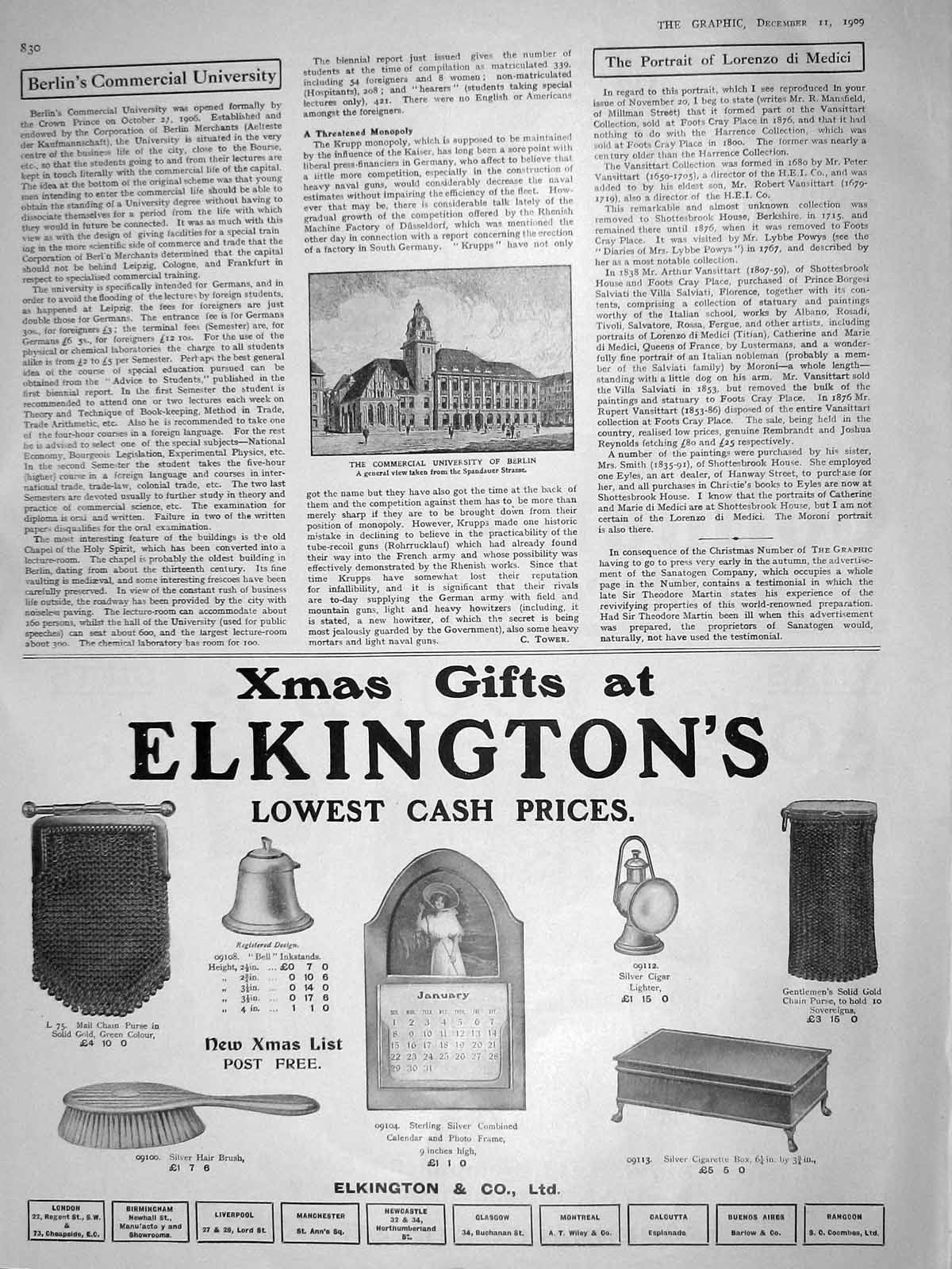 Original Old Antique Print 1909 Commercial University Building Berlin Elkington