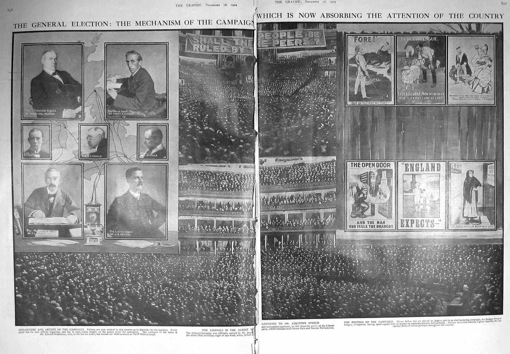 Original Old Antique Print Damaged 1909 General Election Asquith Peters 20th