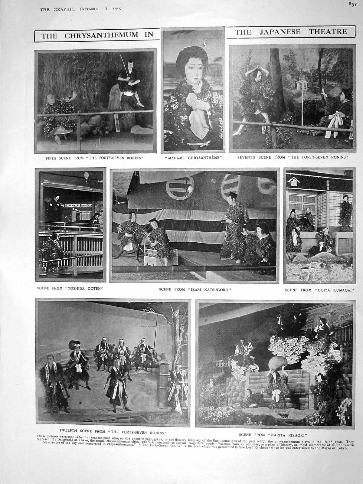 Original Old Antique Print 1909 Chrysanthemum Japanese Theatre Haymarket Palace