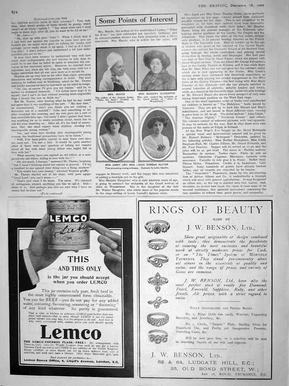 Original Old Antique Print 1909 Maude Slaughter Janet Grace Dundas Slater Lemco