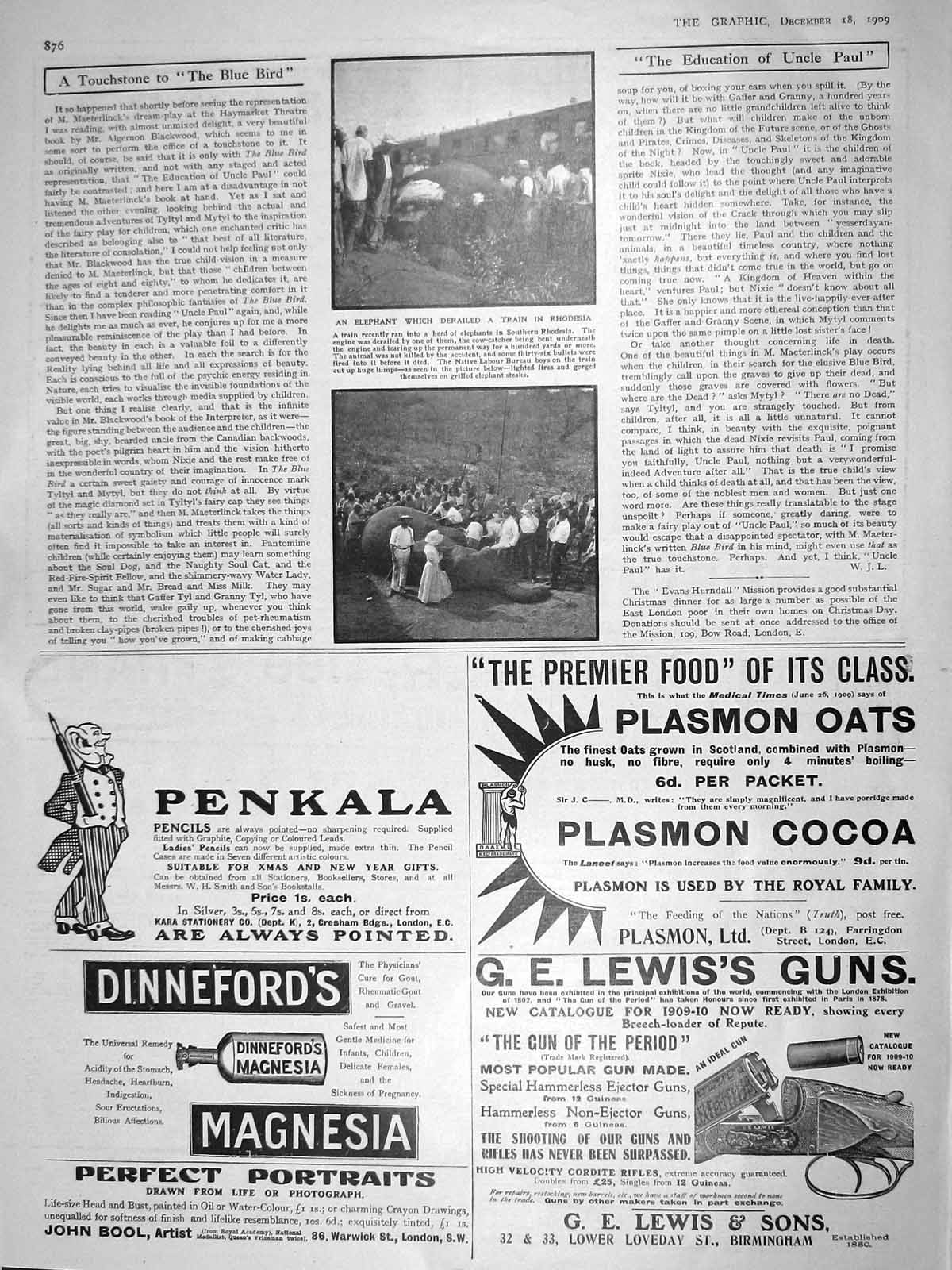 Old Antique Print 1909 Elephant Derailed Train Rhodesia Penkala Lewis Gun 20th