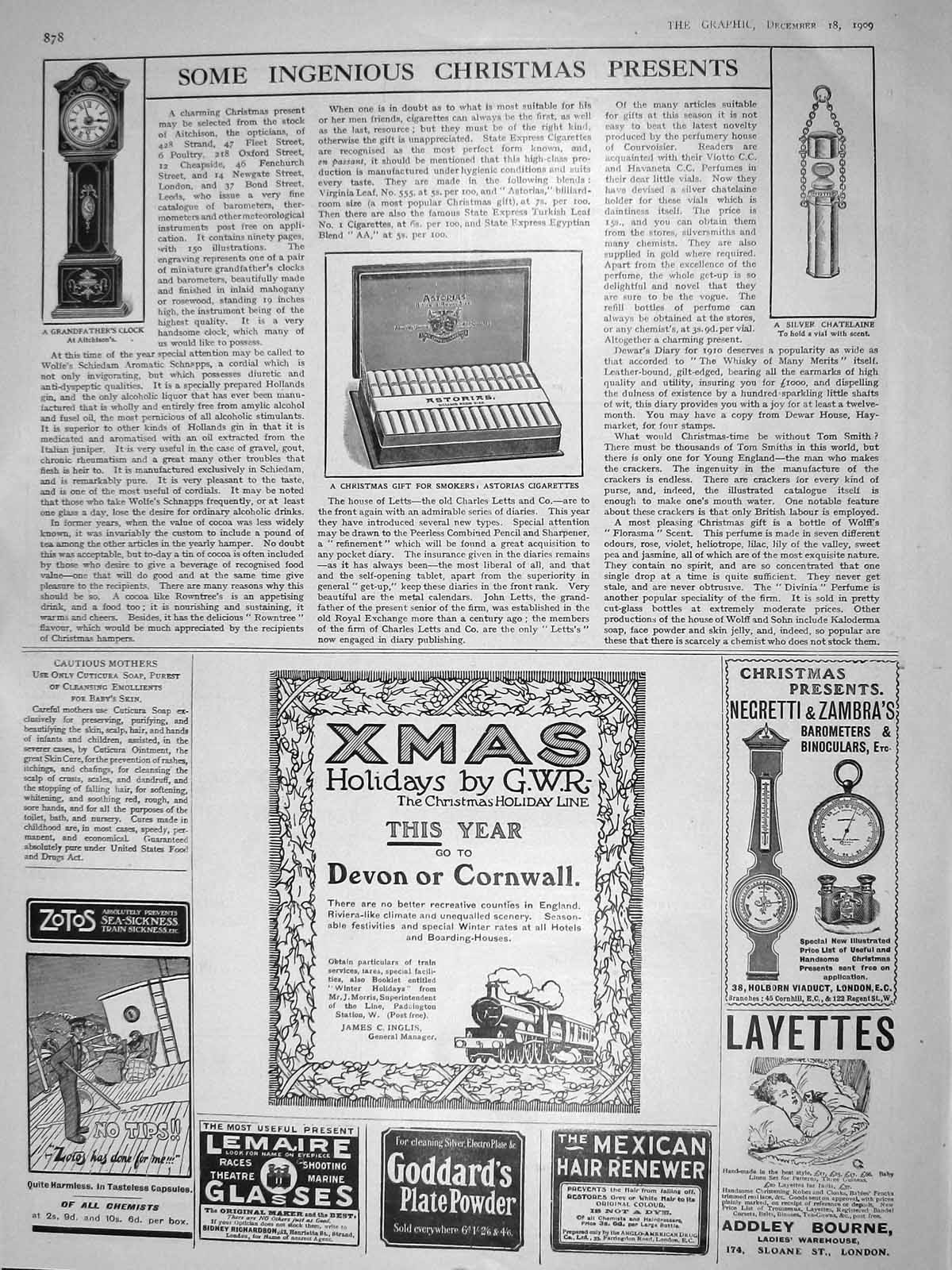 Old Antique Print 1909 Astorias Cigarettes Chatelaine Grandfather Clock 20th